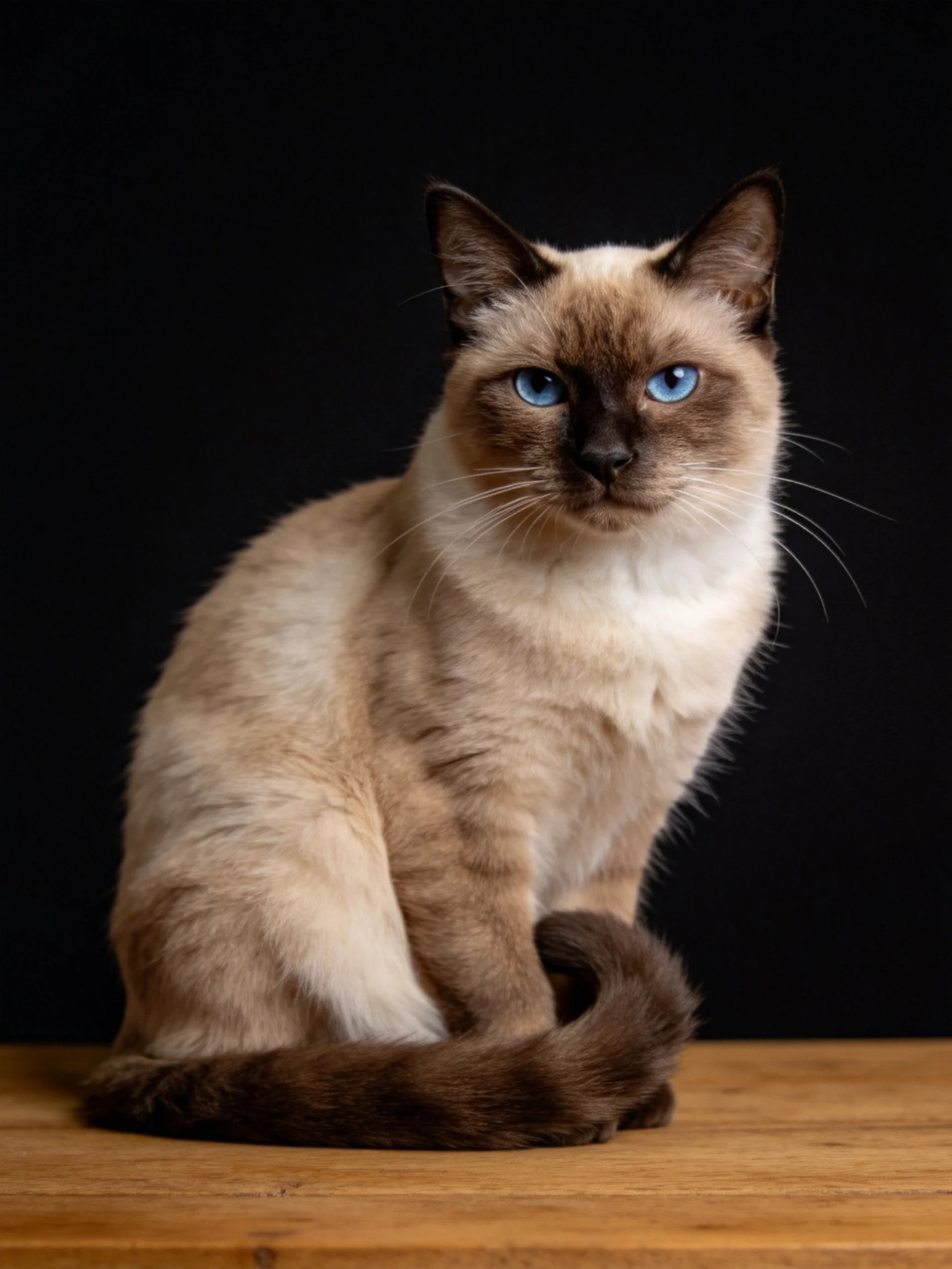 A Siamese cat with striking blue eyes sits on a wooden surface
