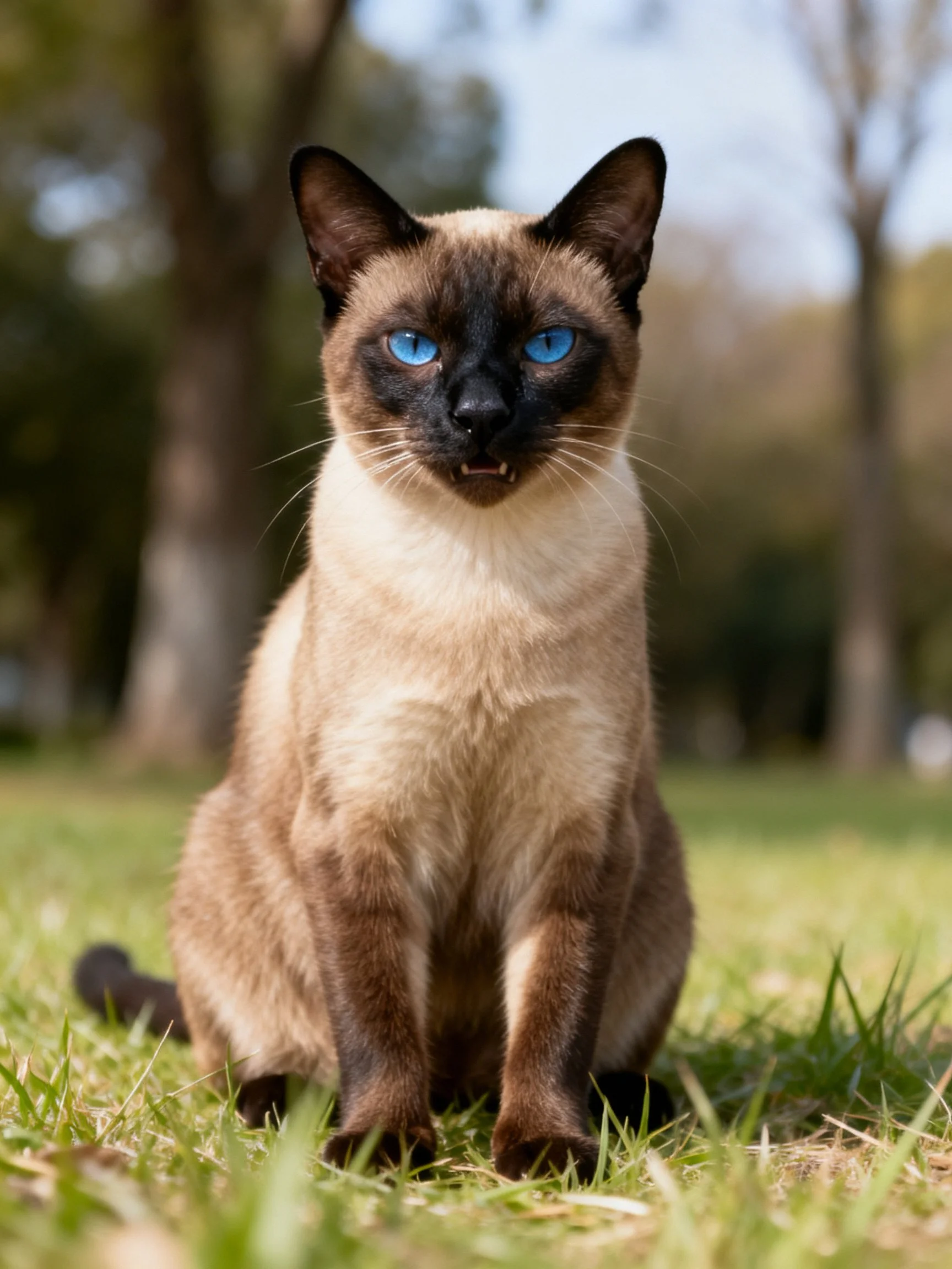 A Siamese cat with bright blue eyes sits calmly on grass in an outdoor park setting
