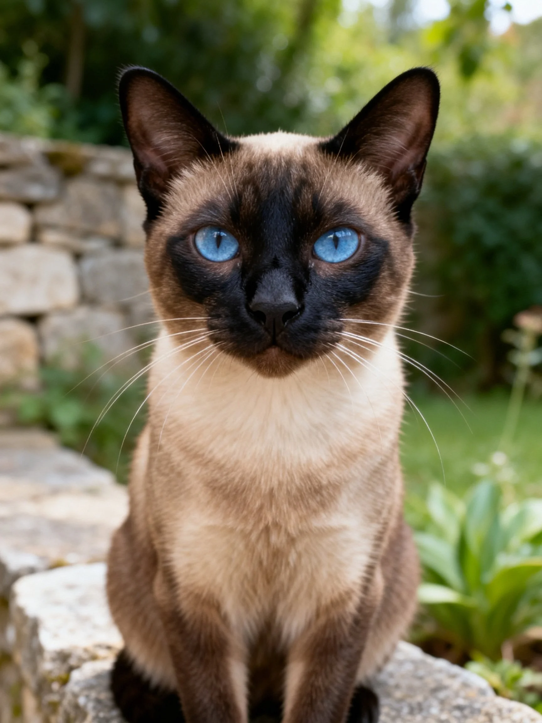 A Siamese cat with vivid blue eyes rests on stone amid a lush, green outdoor setting.