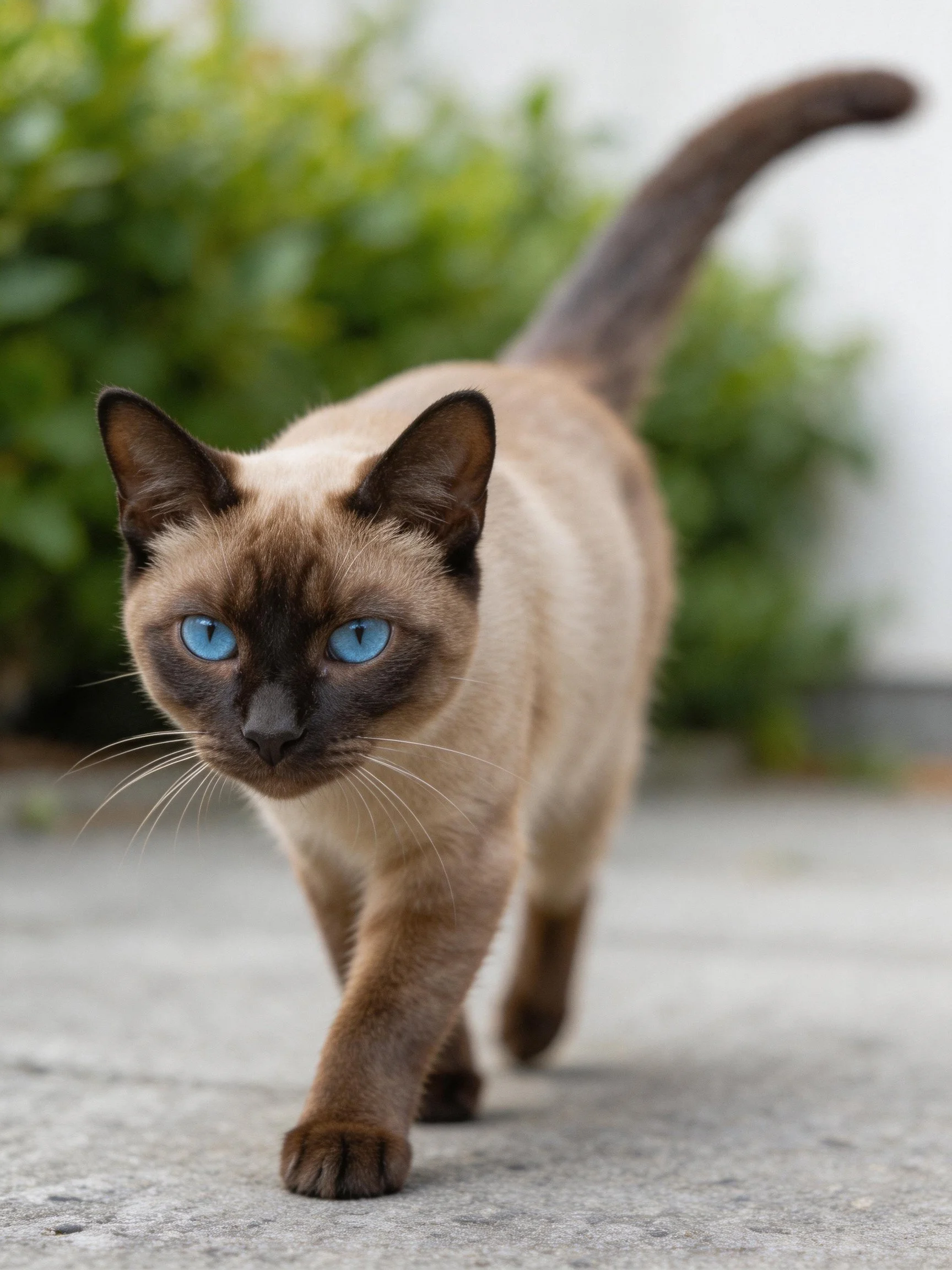 A Siamese cat with striking blue eyes walks on pavement near green foliage