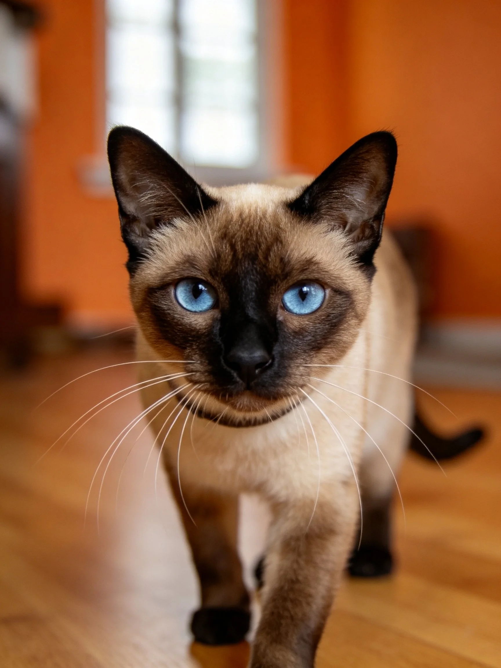 A Siamese cat with bright blue eyes approaches the viewer in a room with orange walls.