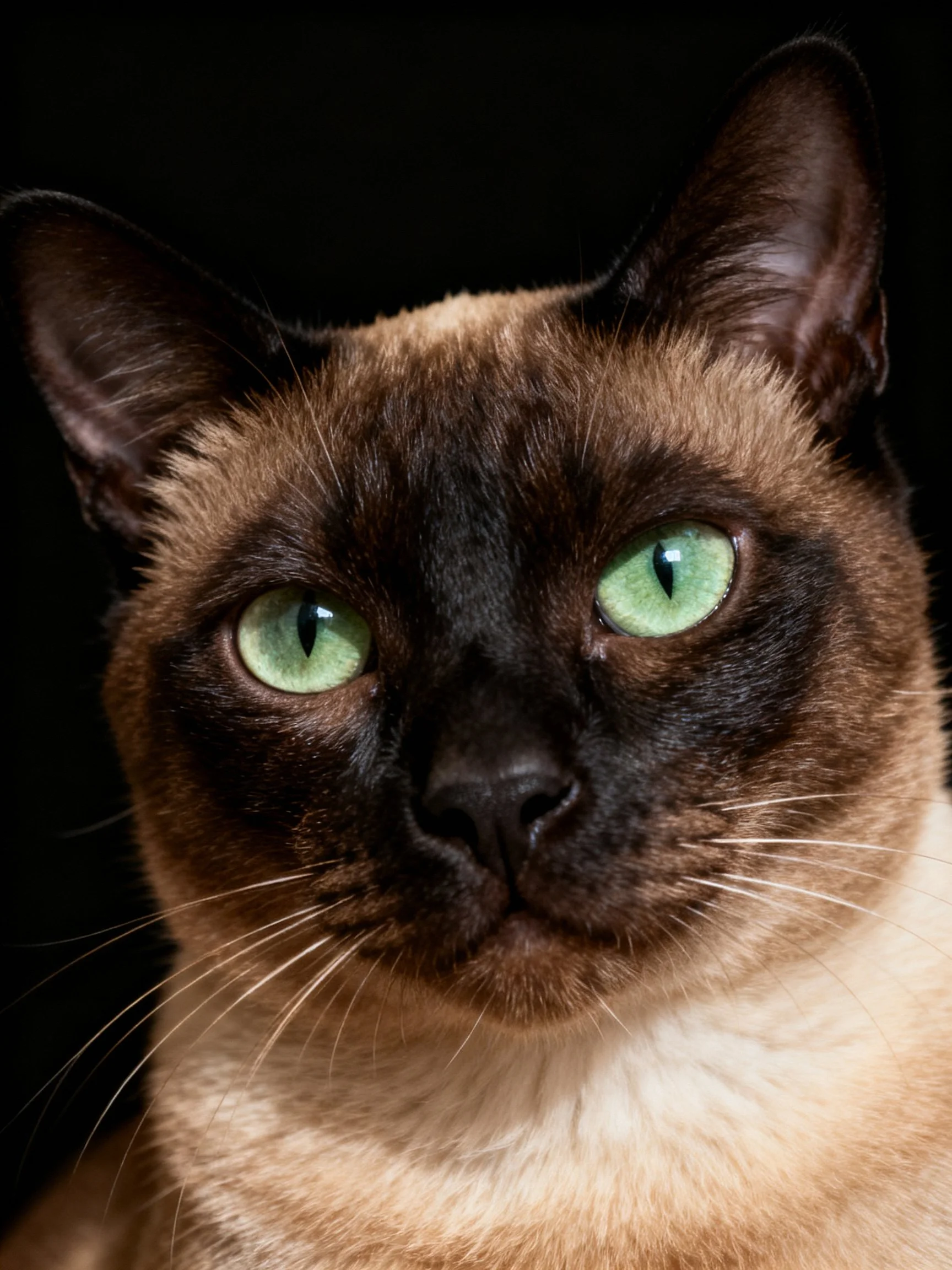 A Siamese cat with striking green eyes and dark brown fur in close-up