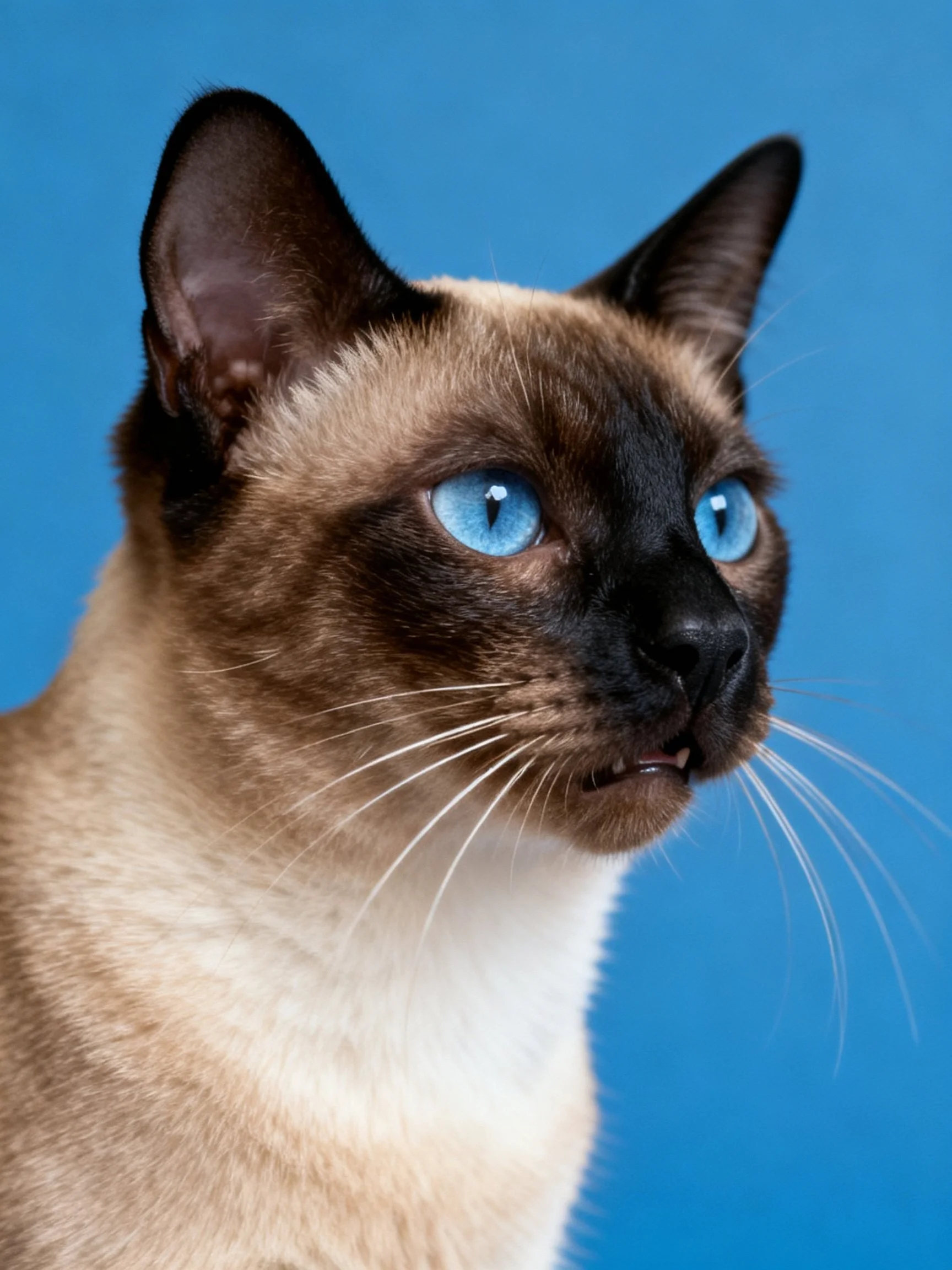 A Siamese cat with blue eyes is showcased against a blue background.