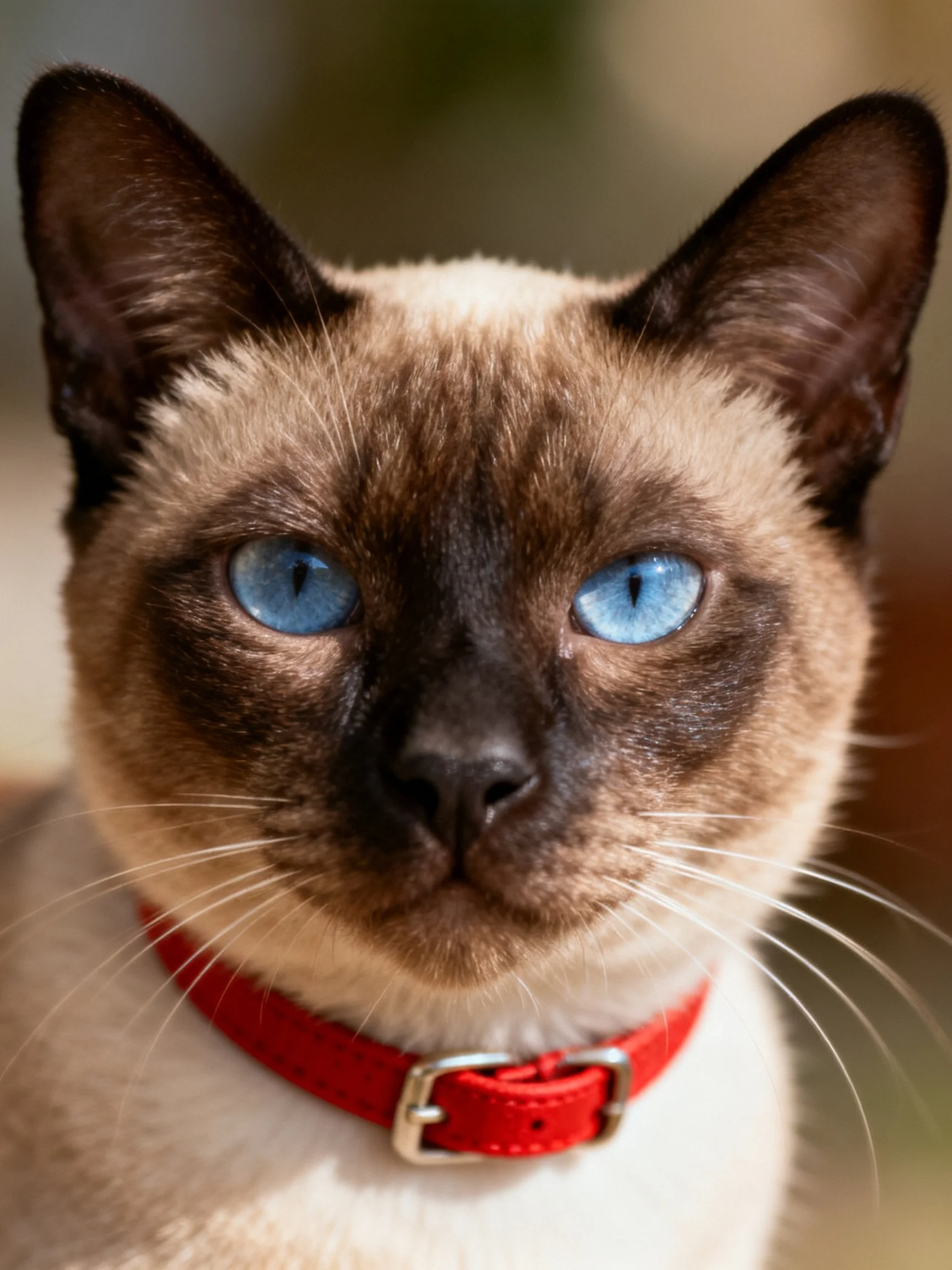 A Siamese cat with blue eyes sports a red collar.