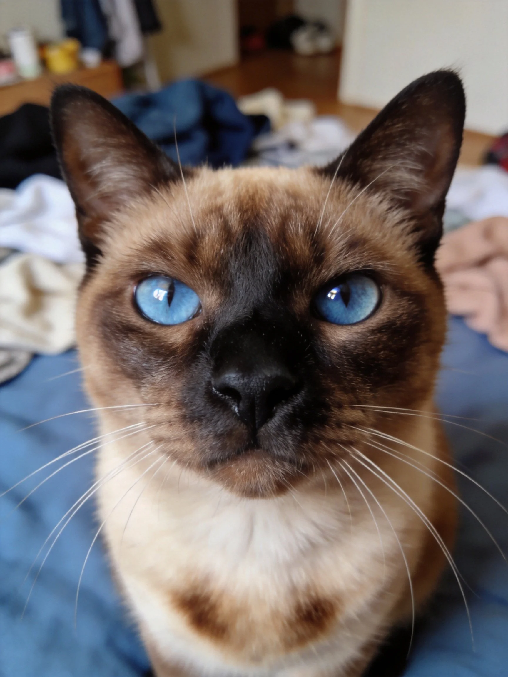 A Siamese cat with vivid blue eyes sits near scattered clothes.