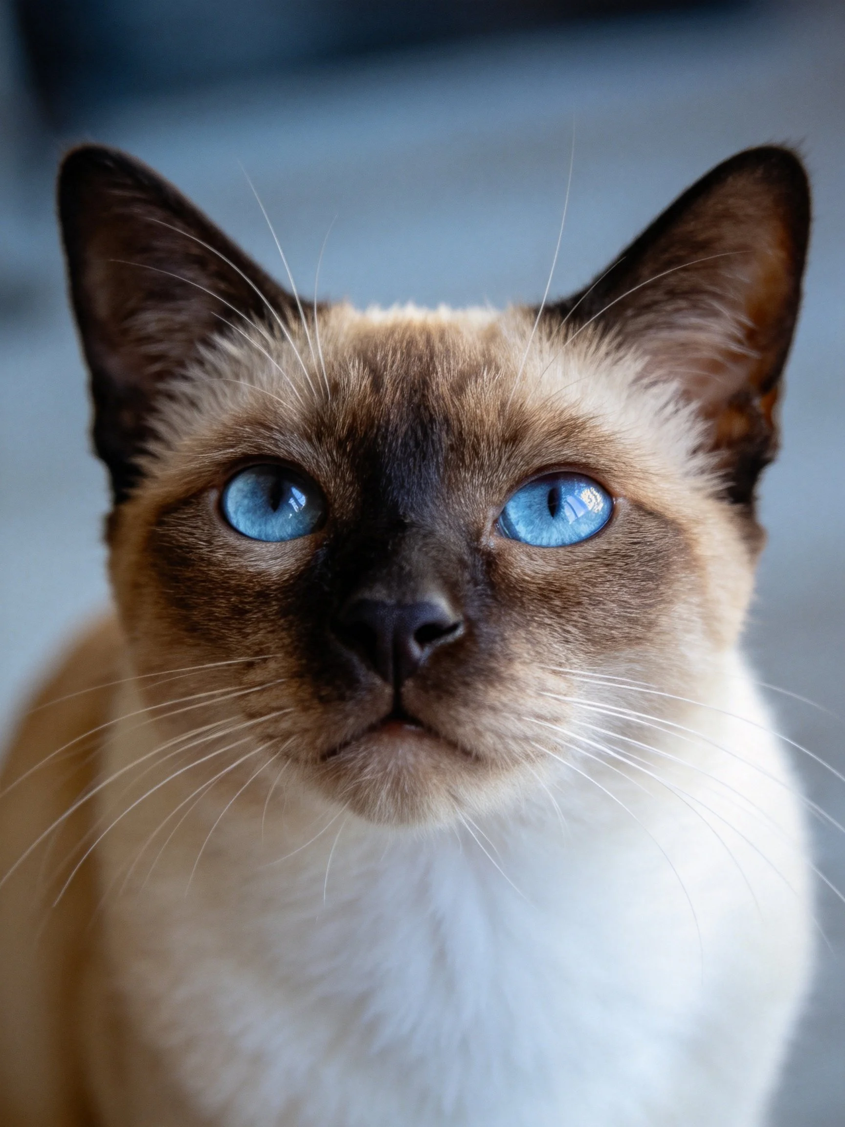 A Siamese cat with vivid blue eyes and contrasting fur coloring