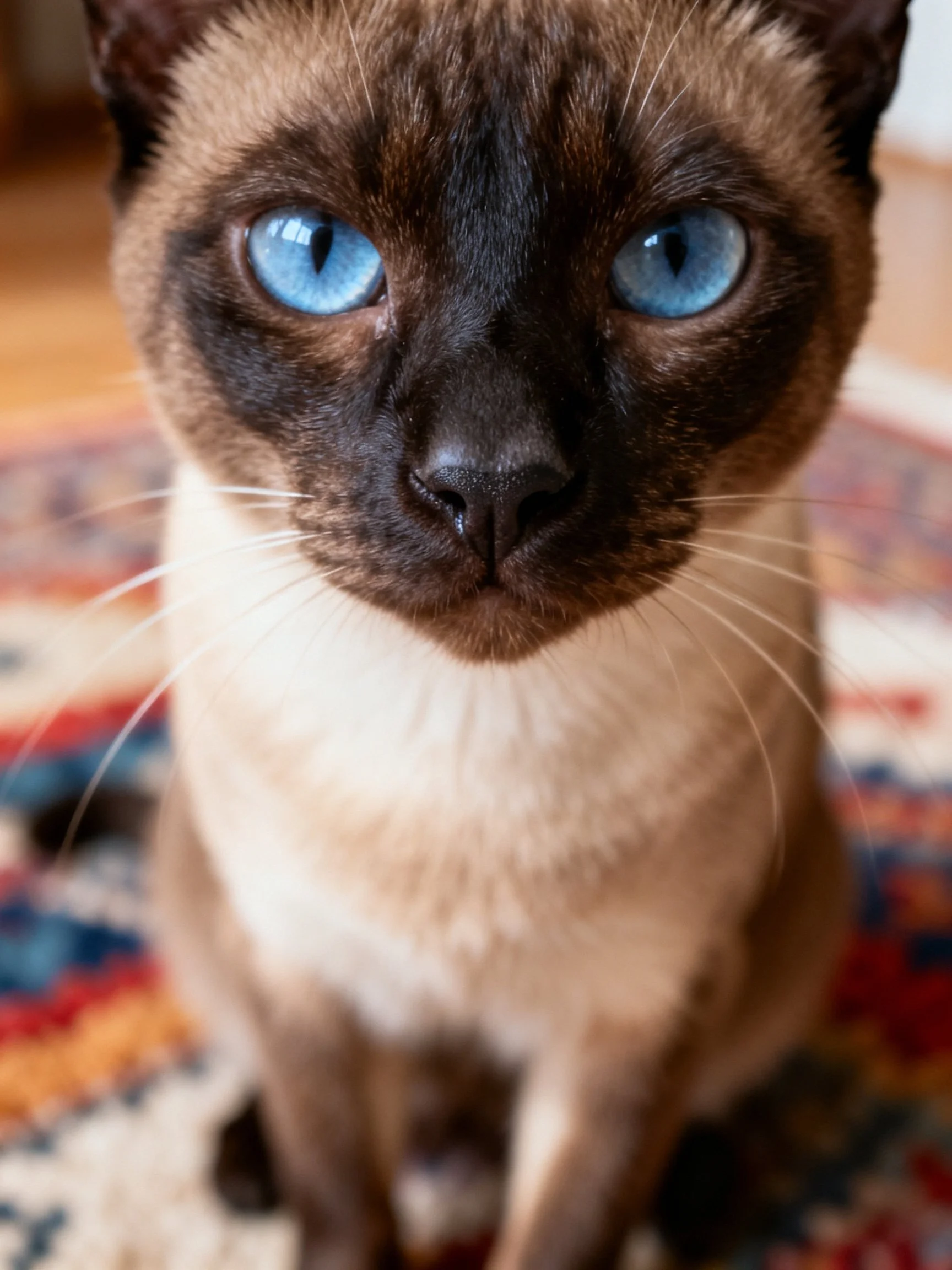 A close - up of a Siamese cat with bright blue eyes on a patterned rug
