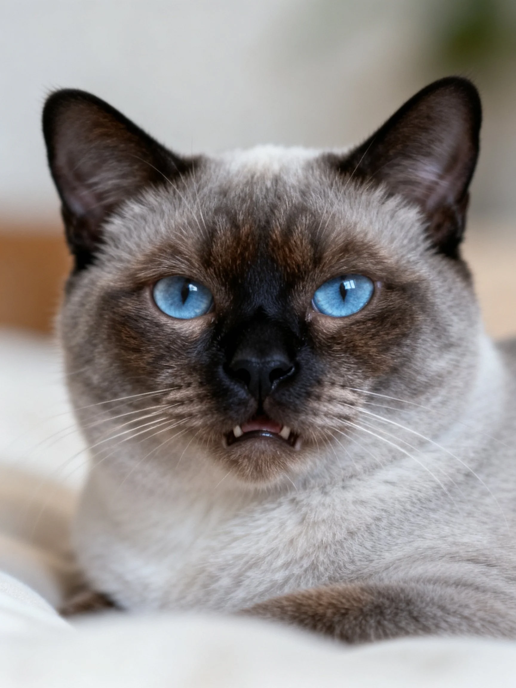 A Siamese cat with vivid blue eyes rests calmly indoors.