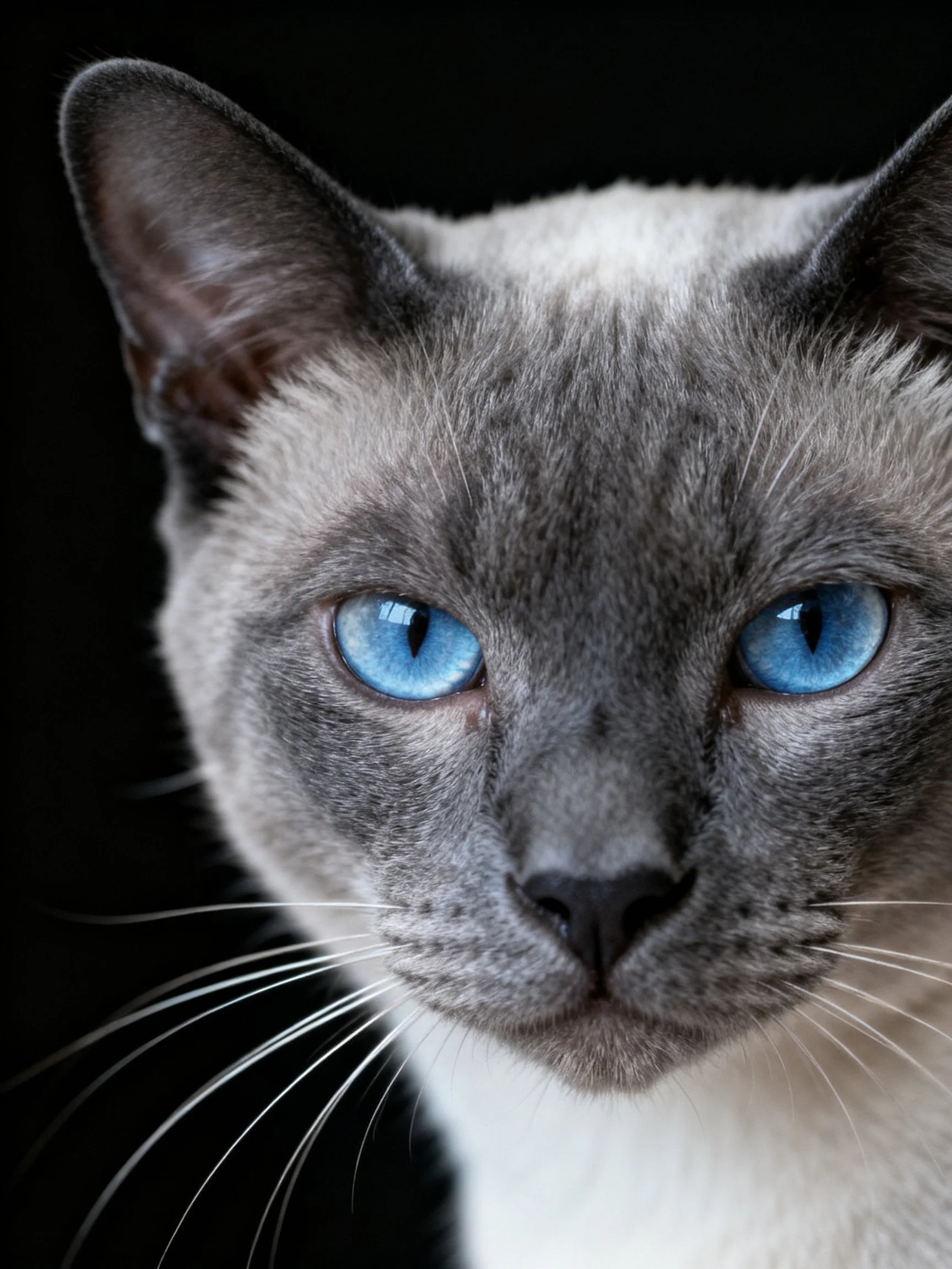 A Siamese cat with vivid blue eyes and gray fur
