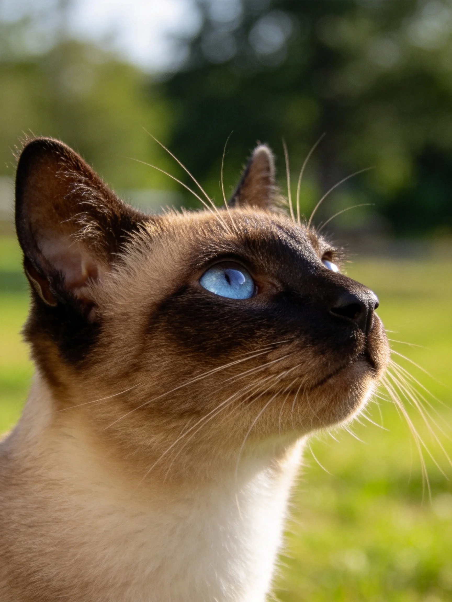 A Siamese cat with blue eyes looks upward in a sunlit outdoor space.