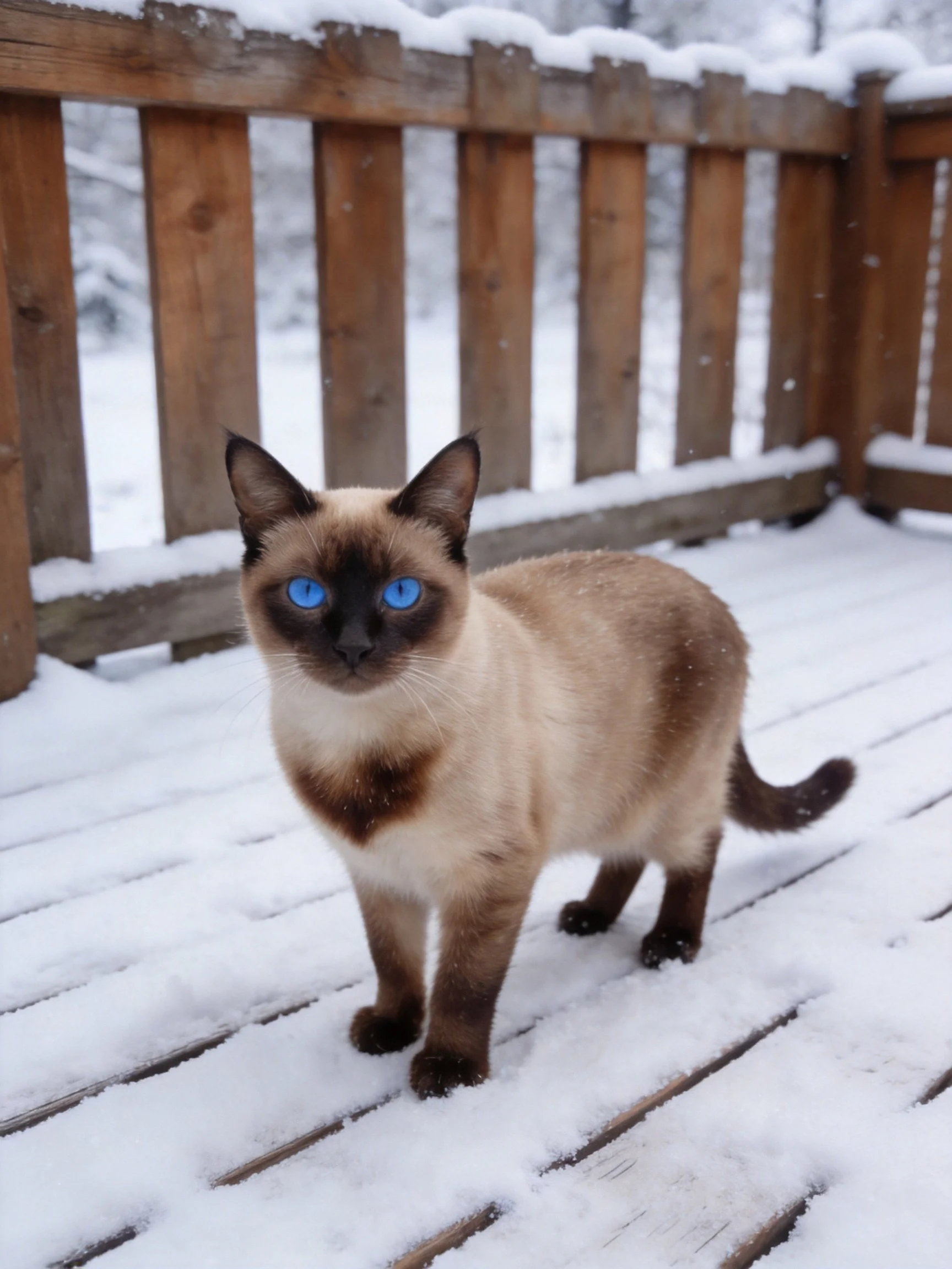 A Siamese cat with vivid blue eyes stands on a snow-covered wooden deck near a wooden fence.