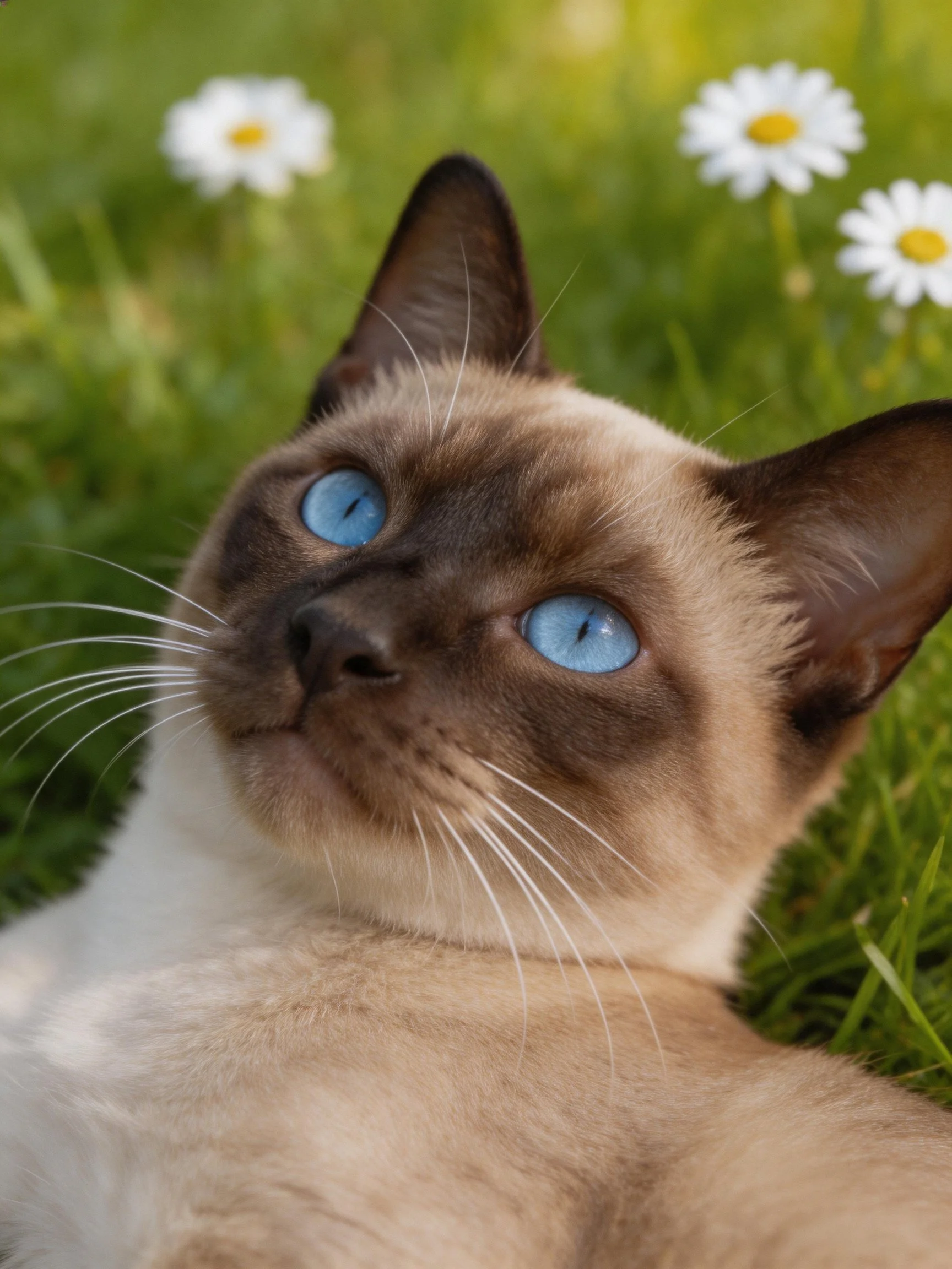 A Siamese cat with blue eyes relaxes on grass near white daisies