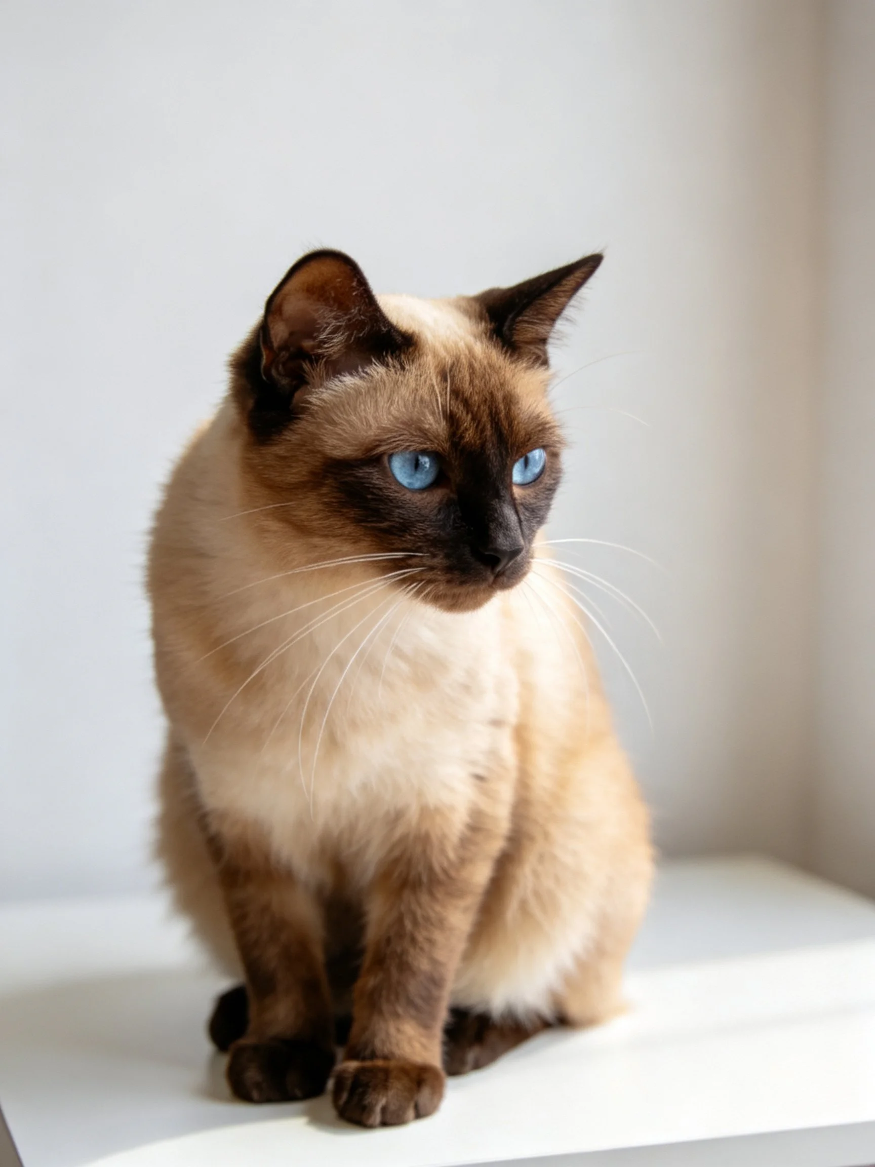 A Siamese cat with blue eyes sits on a white surface