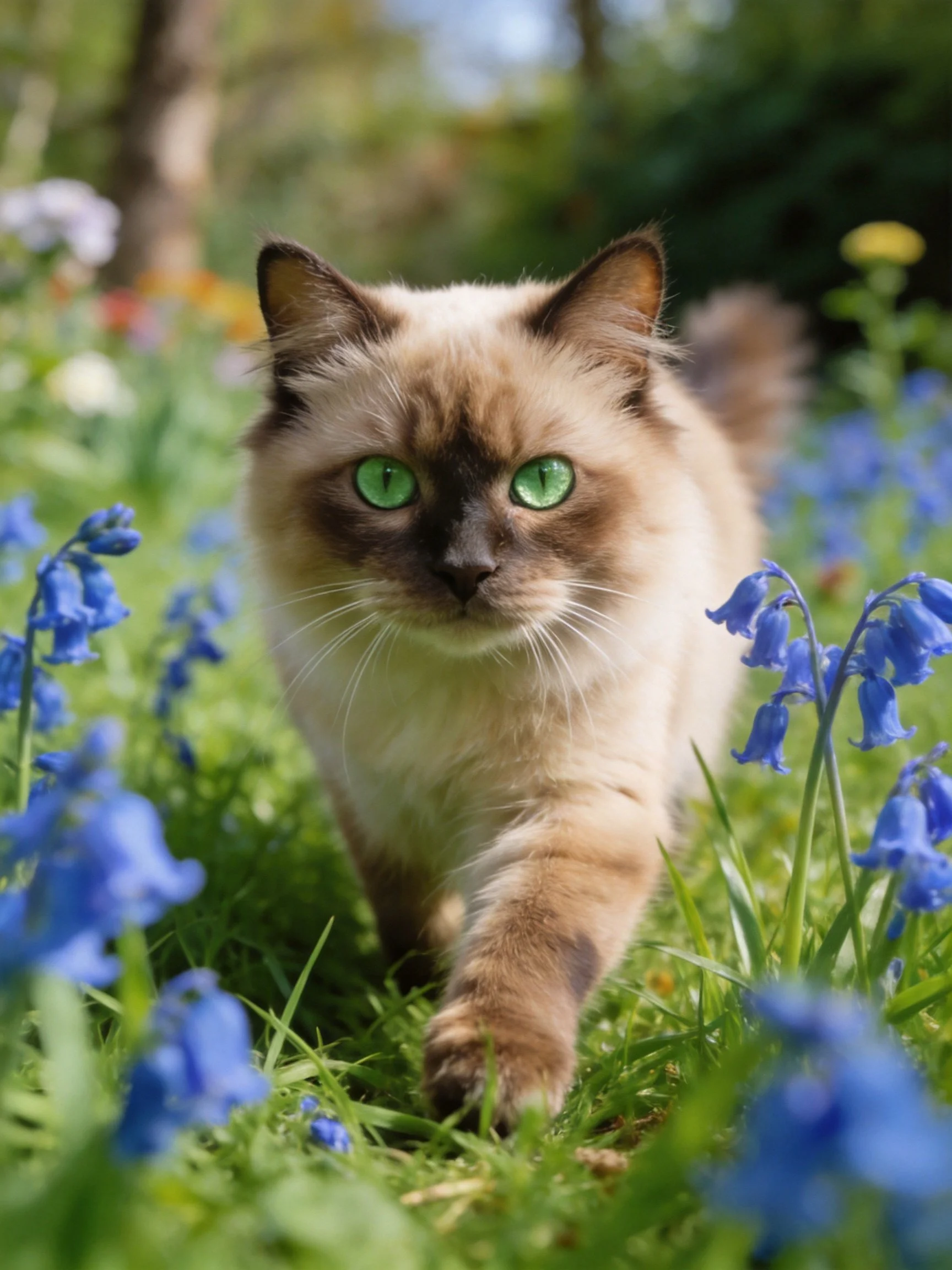 A Siamese cat with green eyes walks through bluebells in a sunlit meadow.