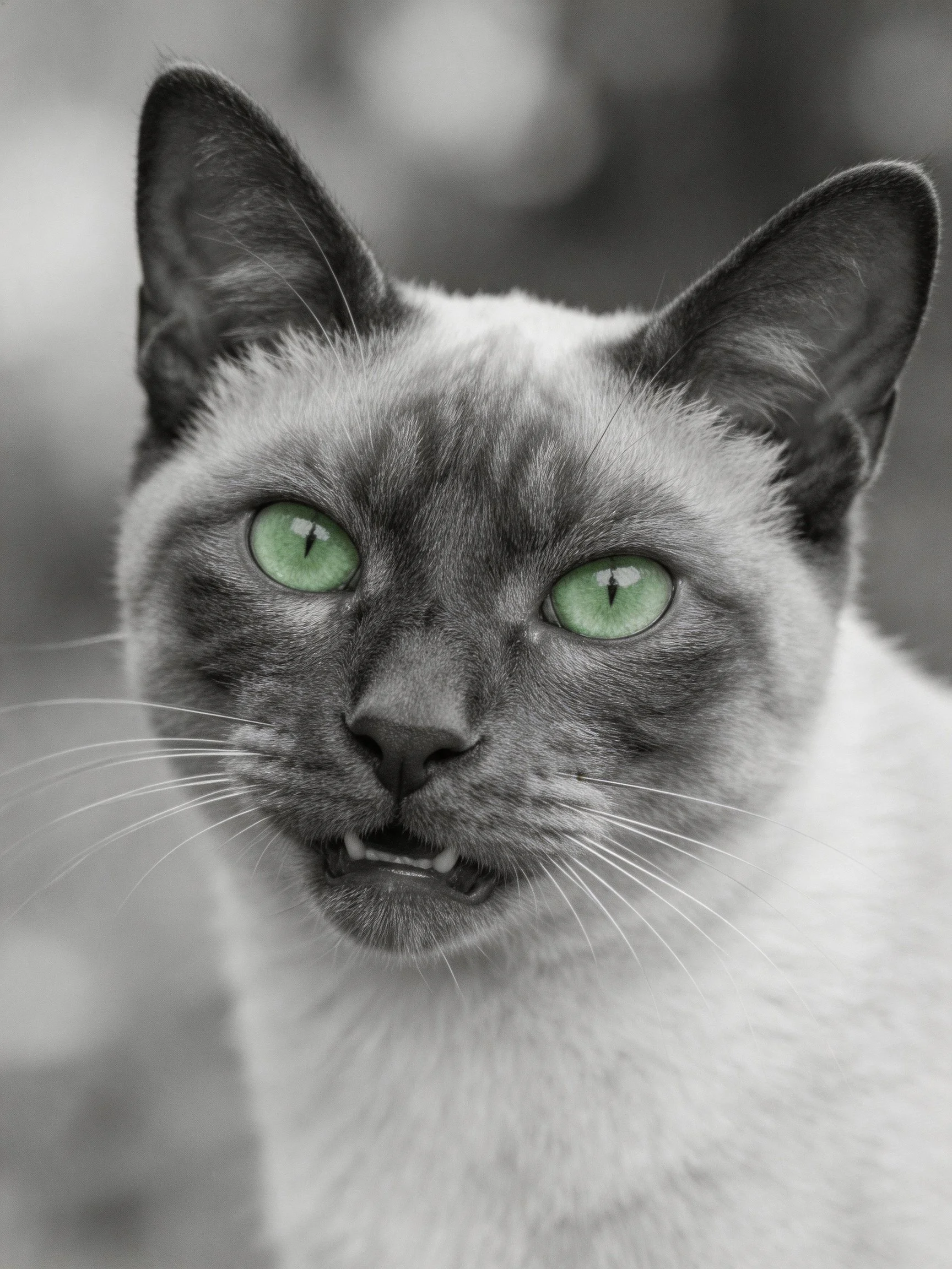 A close - up of a Siamese cat with bright green eyes in a blurred monochrome setting.