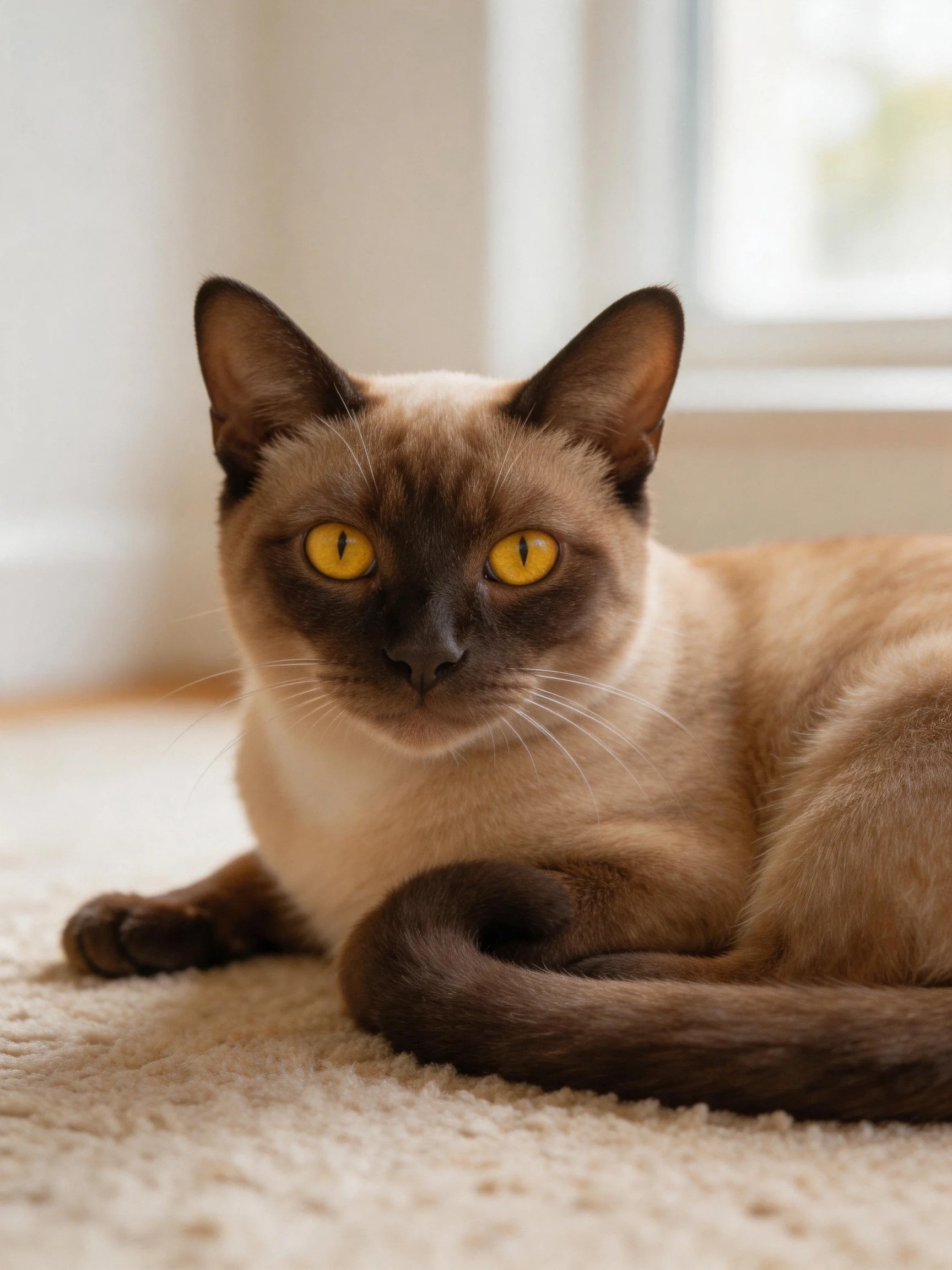 A Siamese cat with yellow eyes resting on a carpet