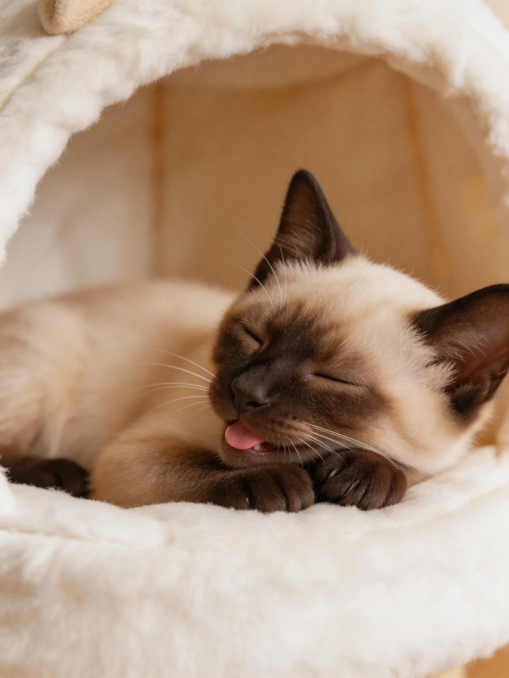 A Siamese kitten lounging in a soft white pet bed