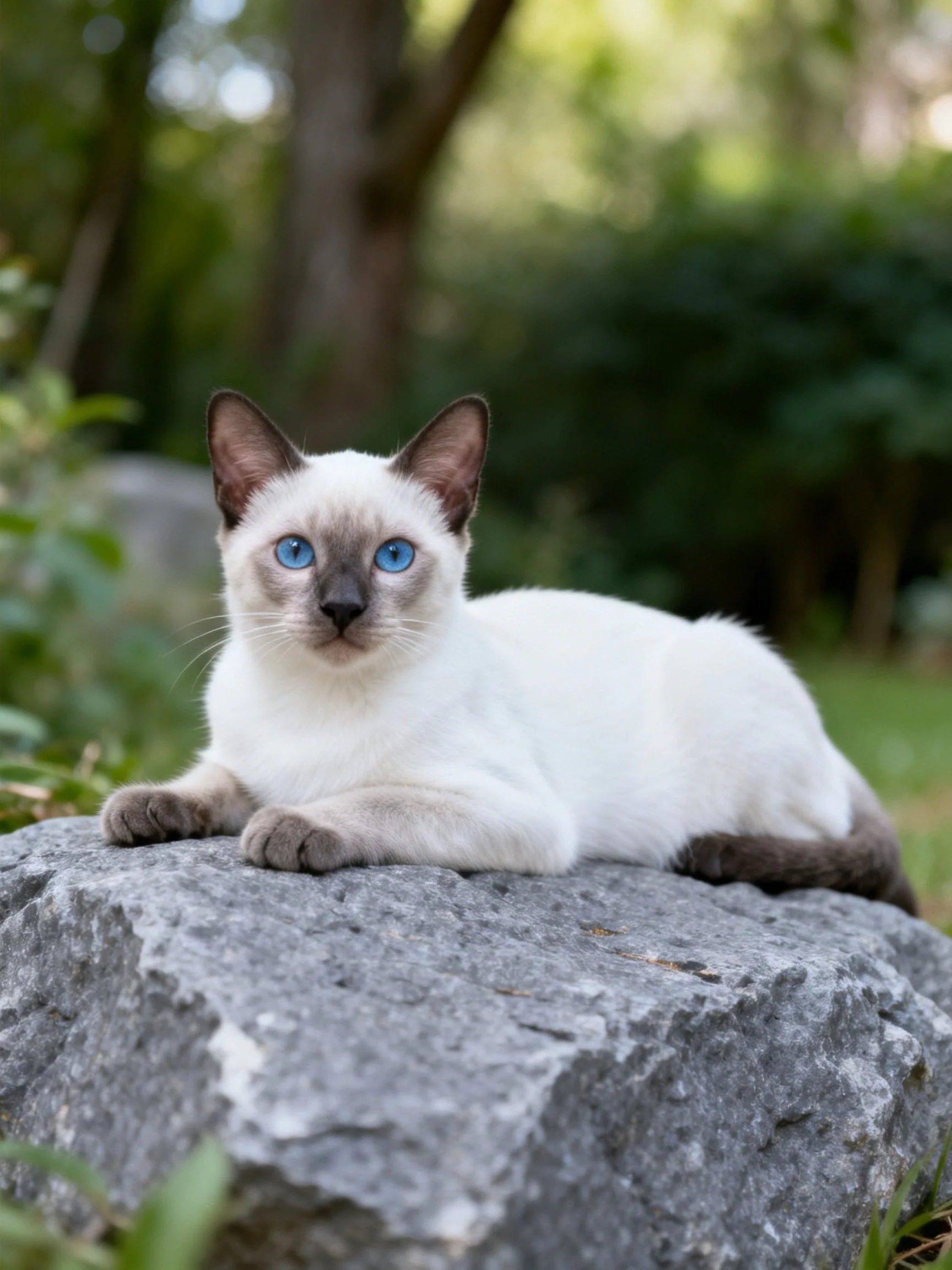 A Siamese kitten with blue eyes rests on a large gray rock in a natural outdoor setting.