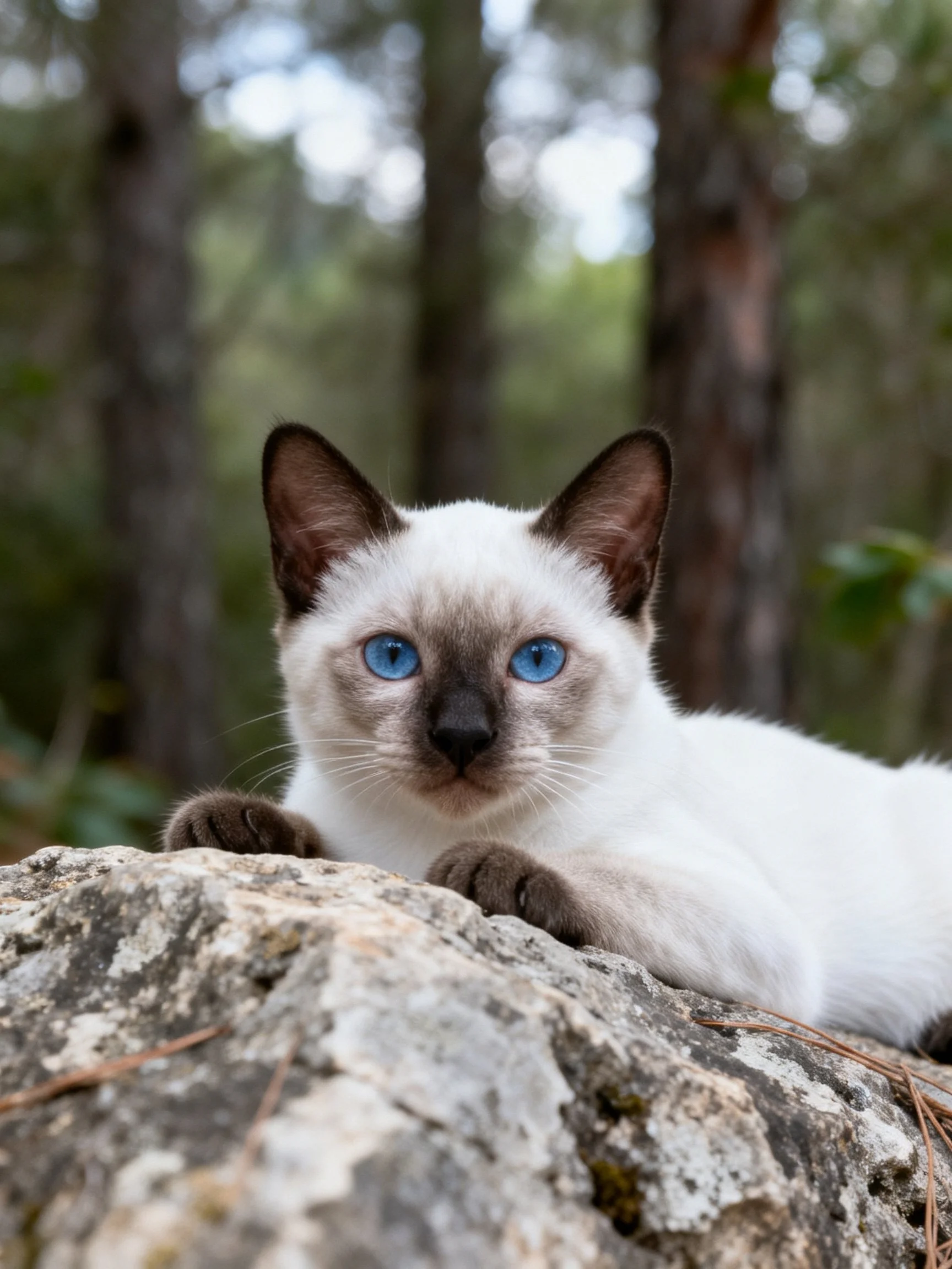 A Siamese kitten with blue eyes relaxes on a rock amid trees.