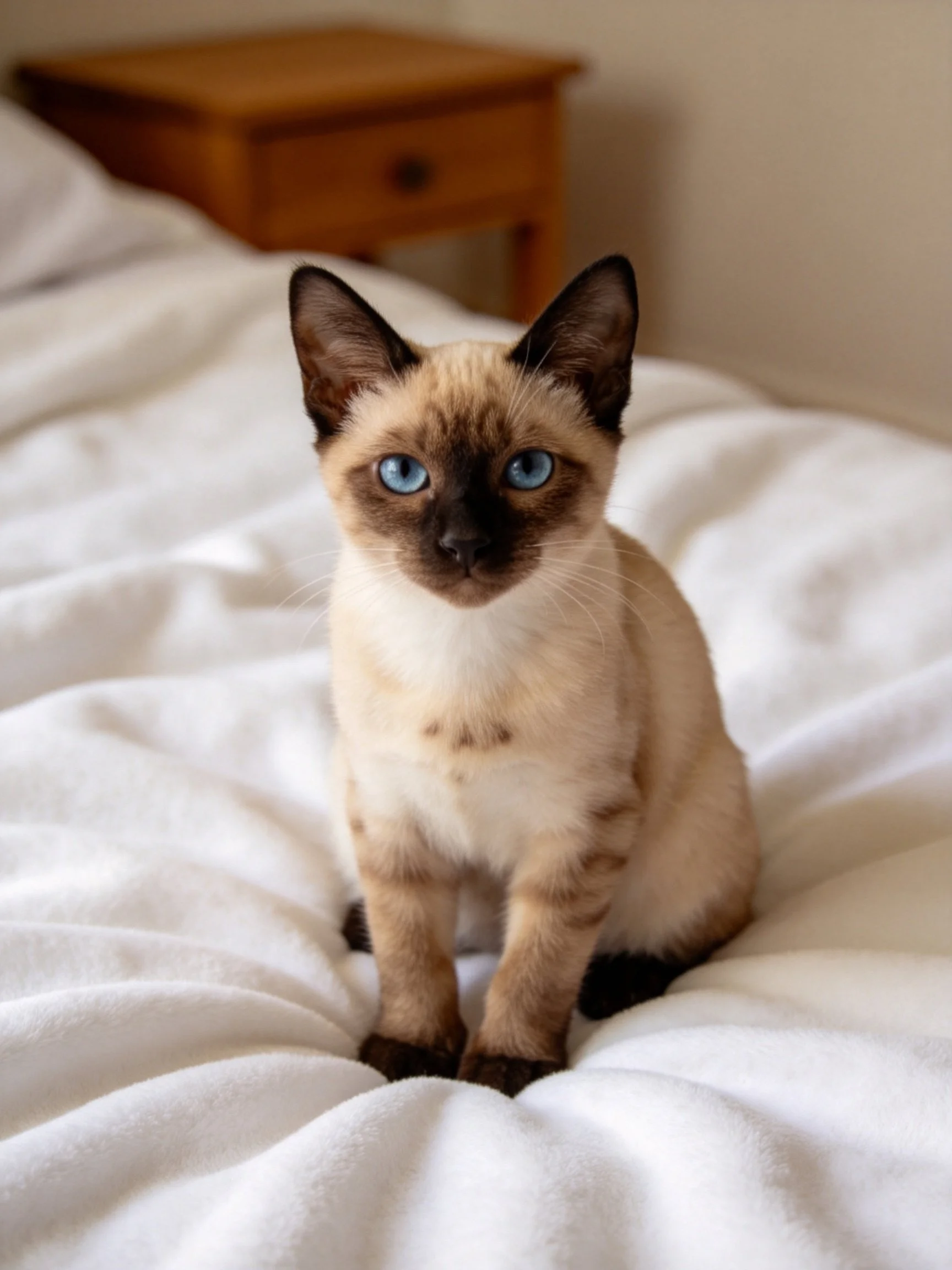 A Siamese kitten with blue eyes sits on a white bed beside a wooden nightstand