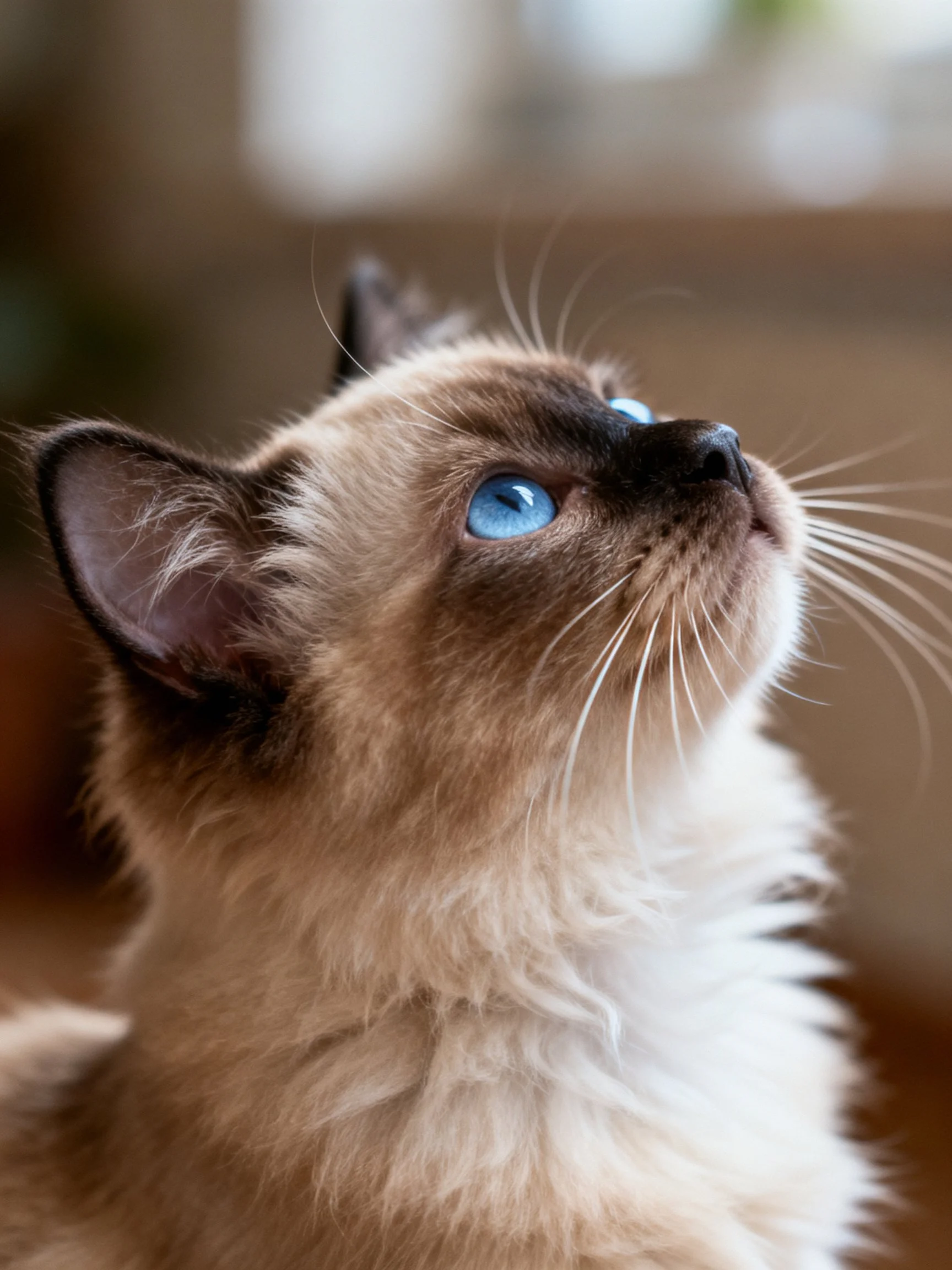 A Siamese kitten with bright blue eyes gazes upward