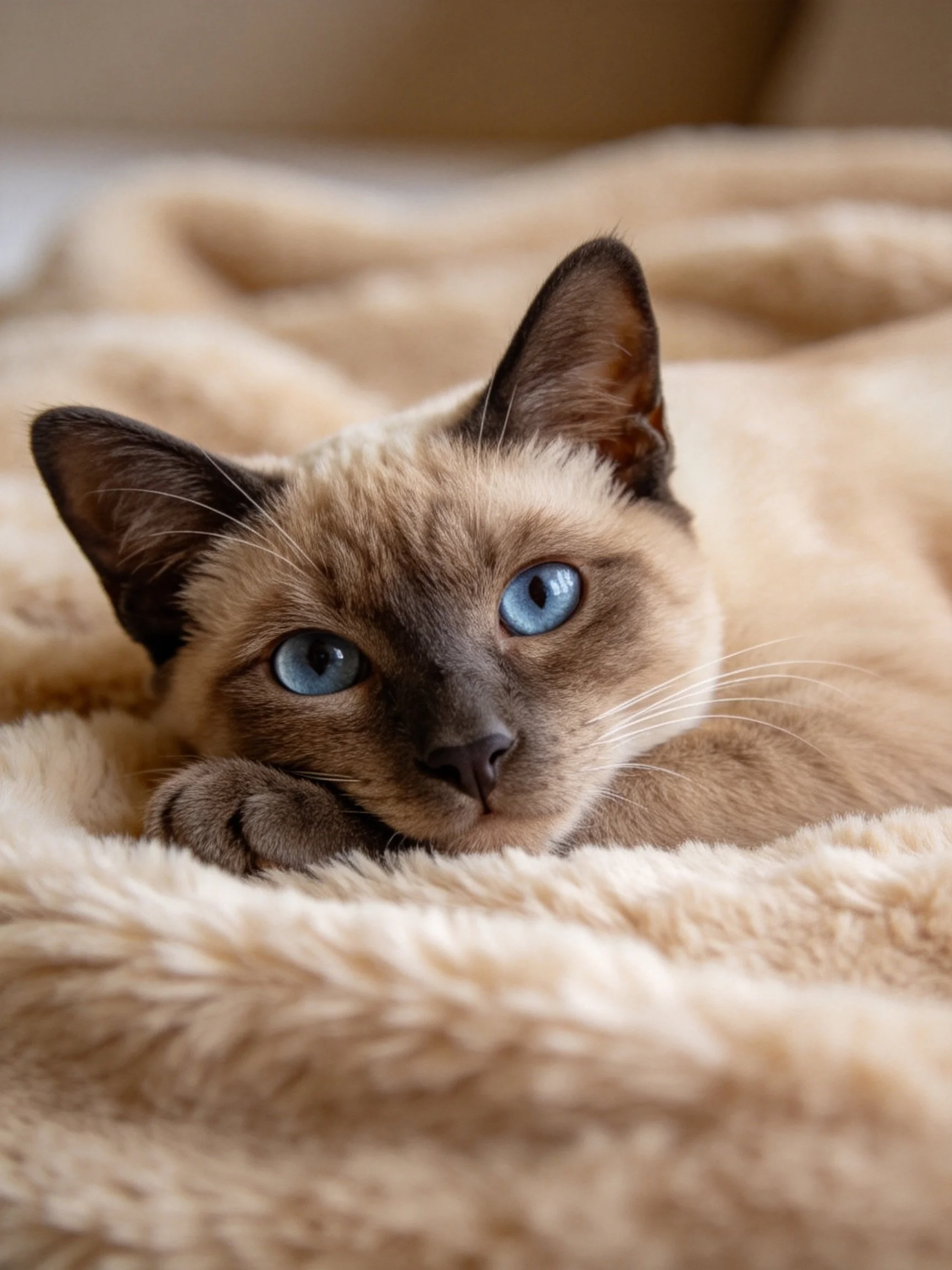 A Siamese kitten with bright blue eyes rests on a plush beige blanket