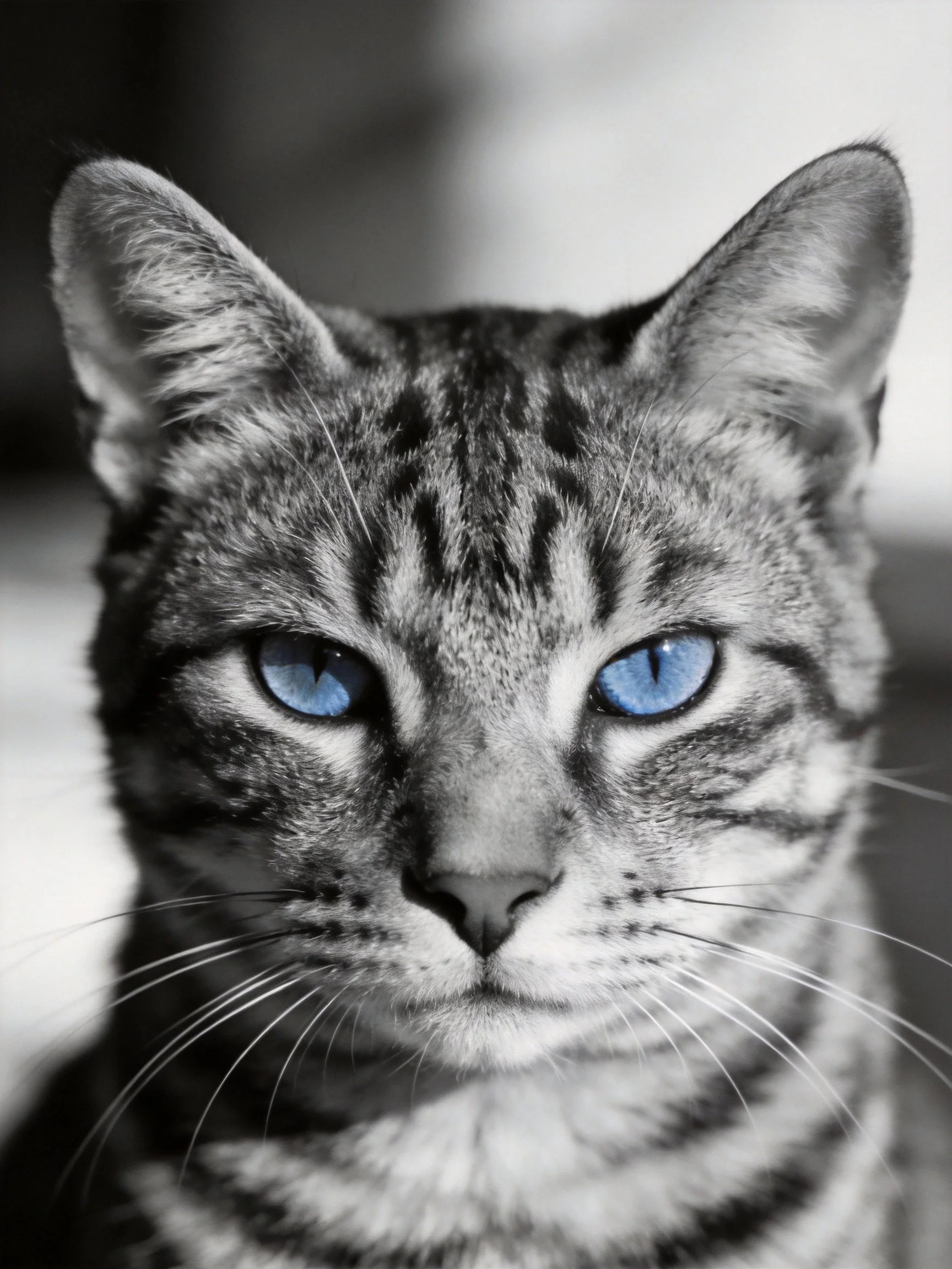 A Tabby Cat with Striking Blue Eyes in Monochrome