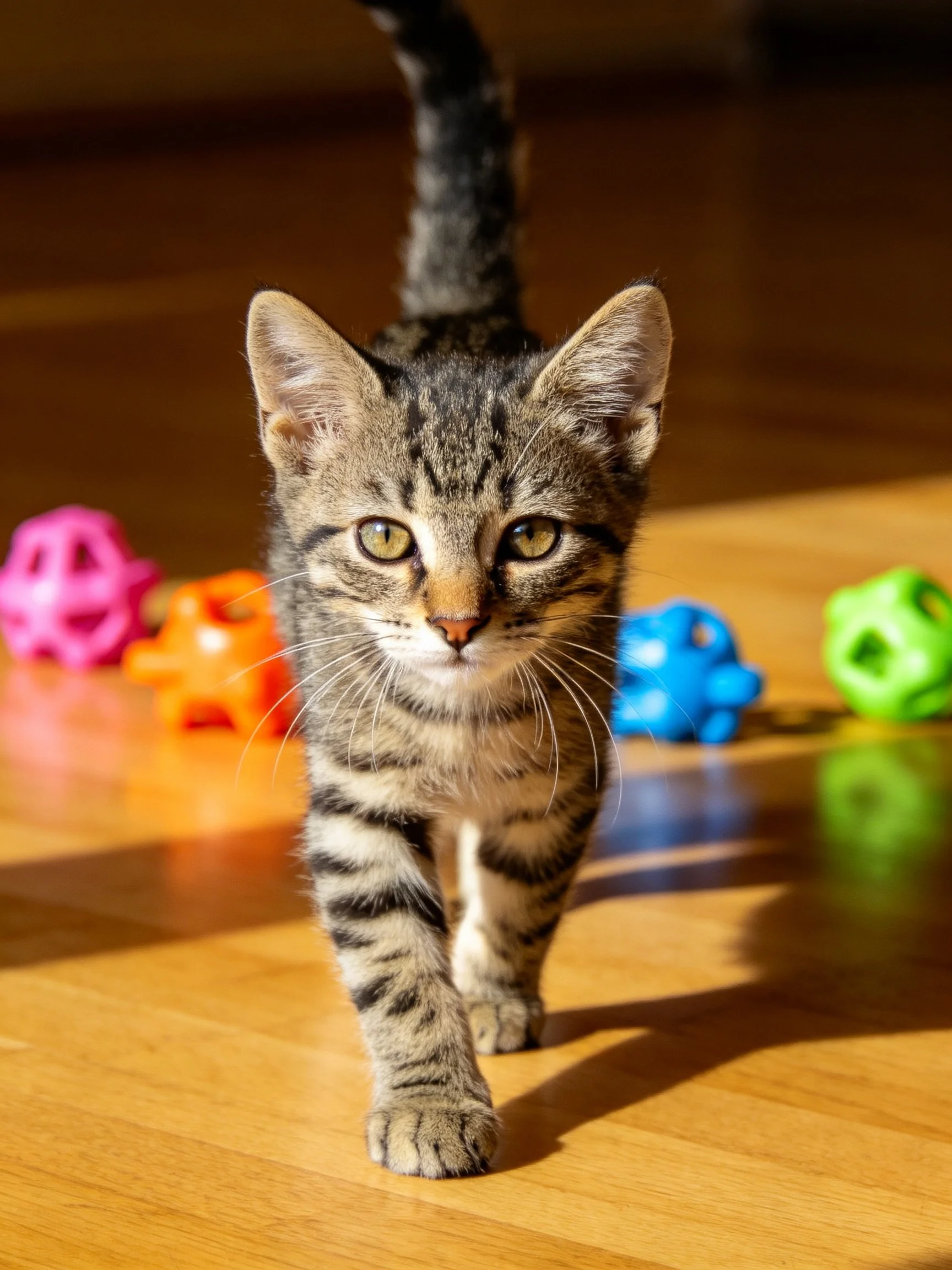 A Tabby Kitten Walks Toward Camera Near Colorful Toys on Wooden Floor