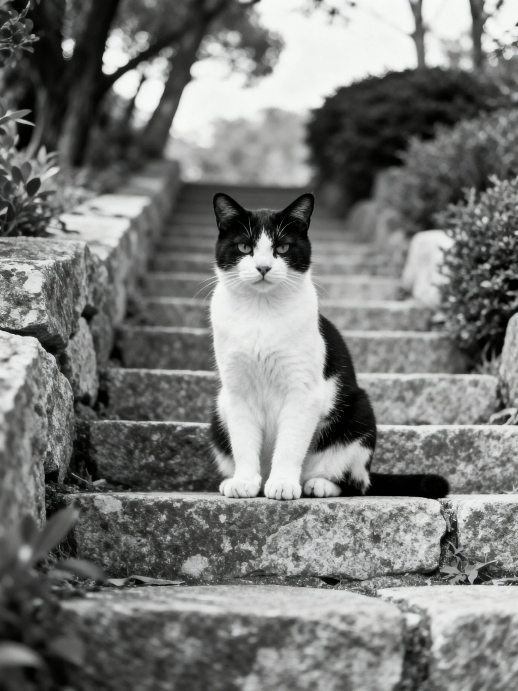 A black-and and - white cat sits on weathered stone steps