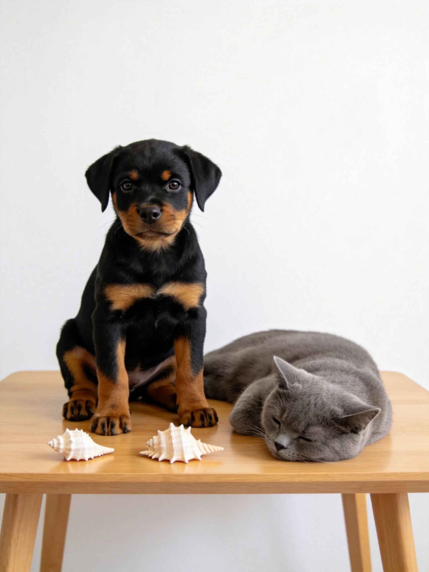A black and tan puppy sits beside a gray cat on a wooden table with two seashells