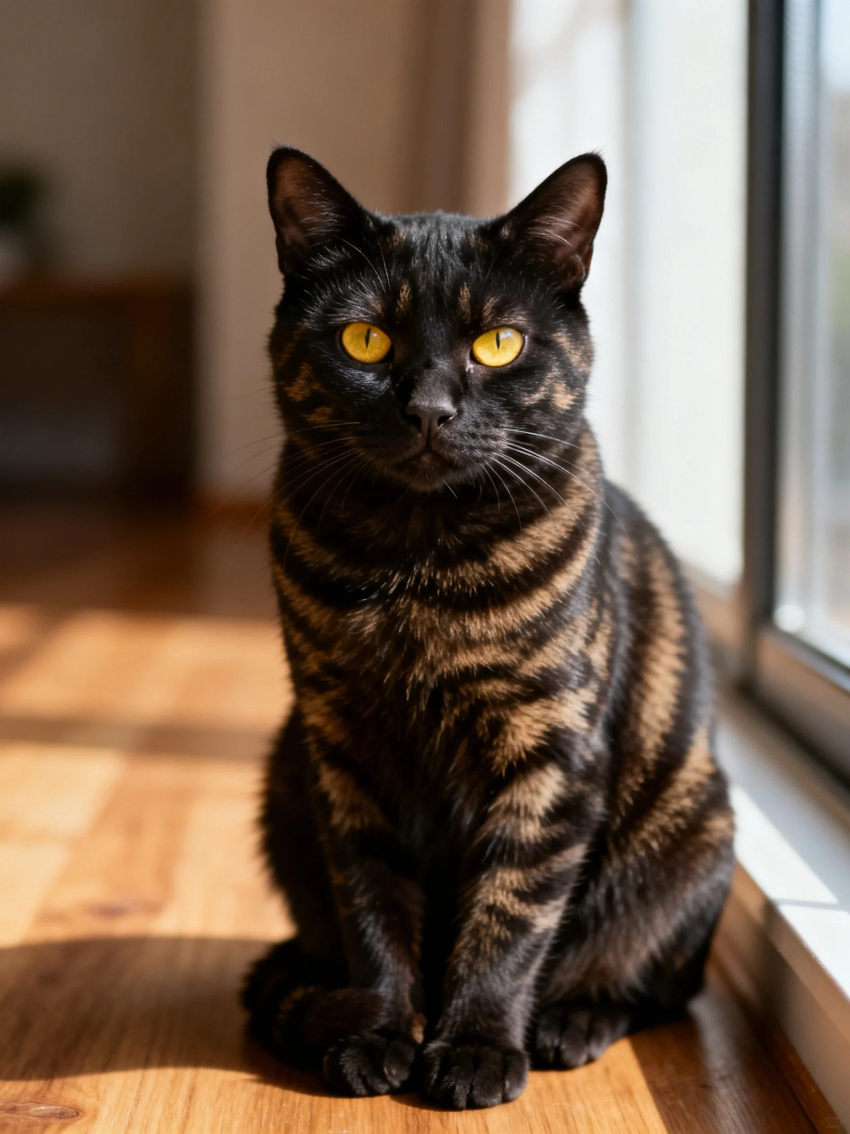 A black and tan tabby cat sits by a sunlit window