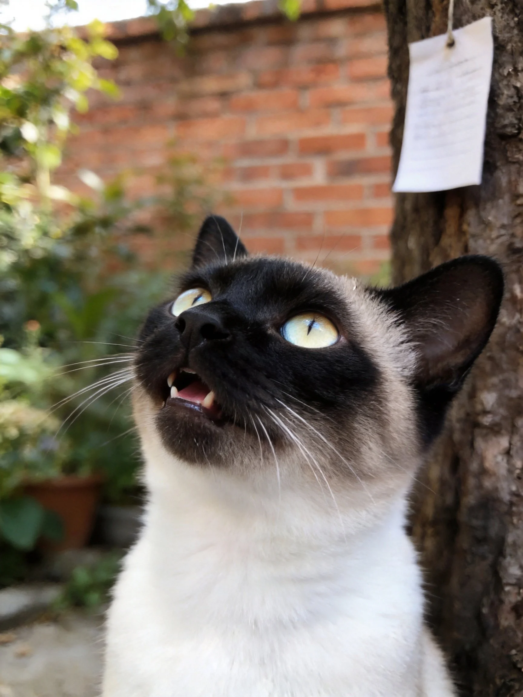 A black-and-white Siamese cat near a tree with a paper note