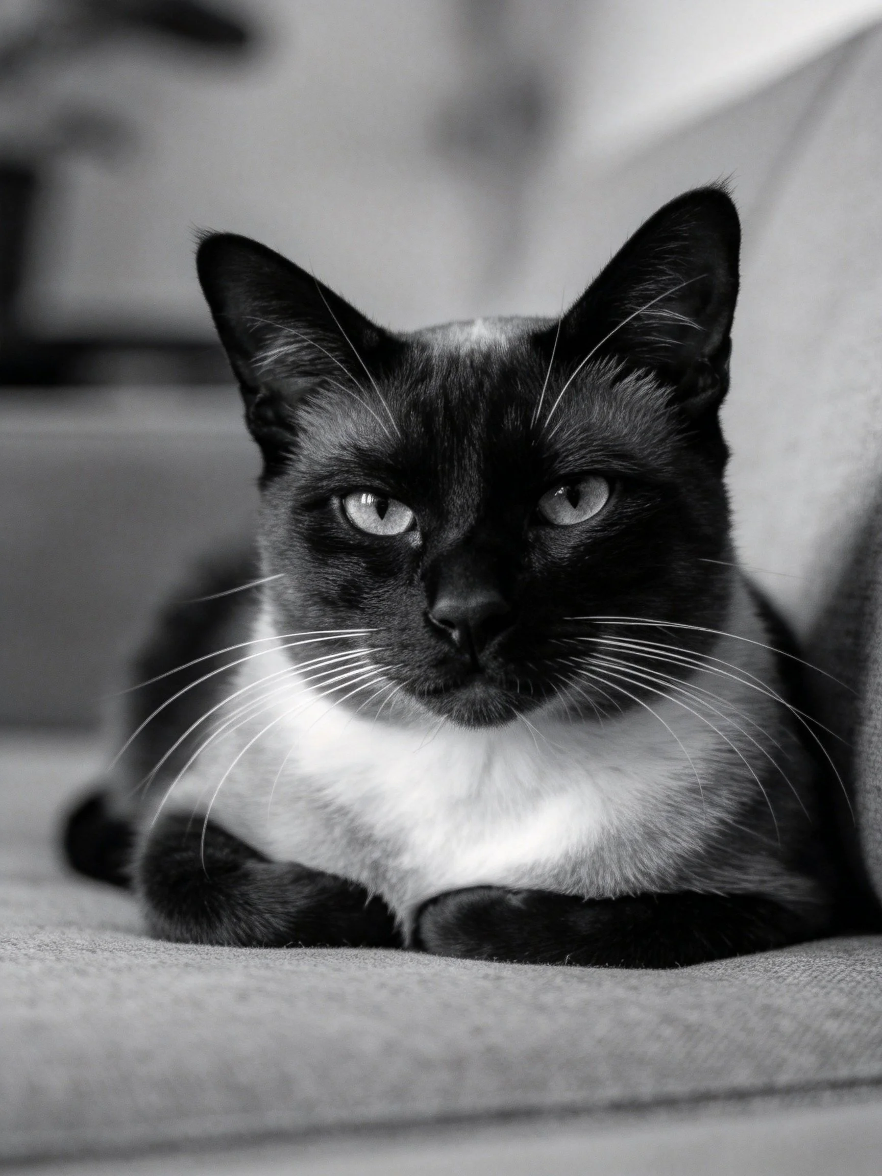 A black and white Siamese cat resting on a couch