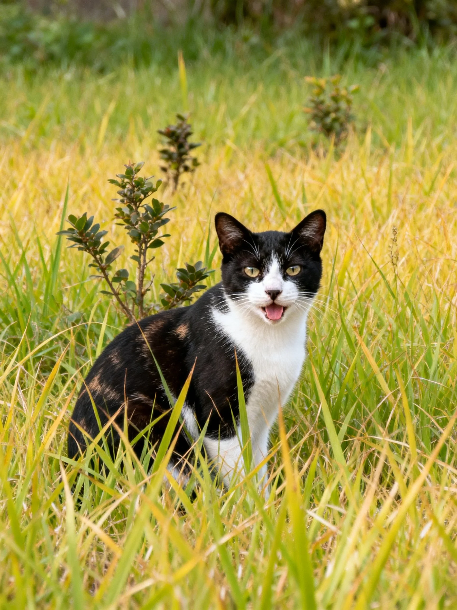 A black-and-white calico cat sits in tall mixed-green-yellow grass