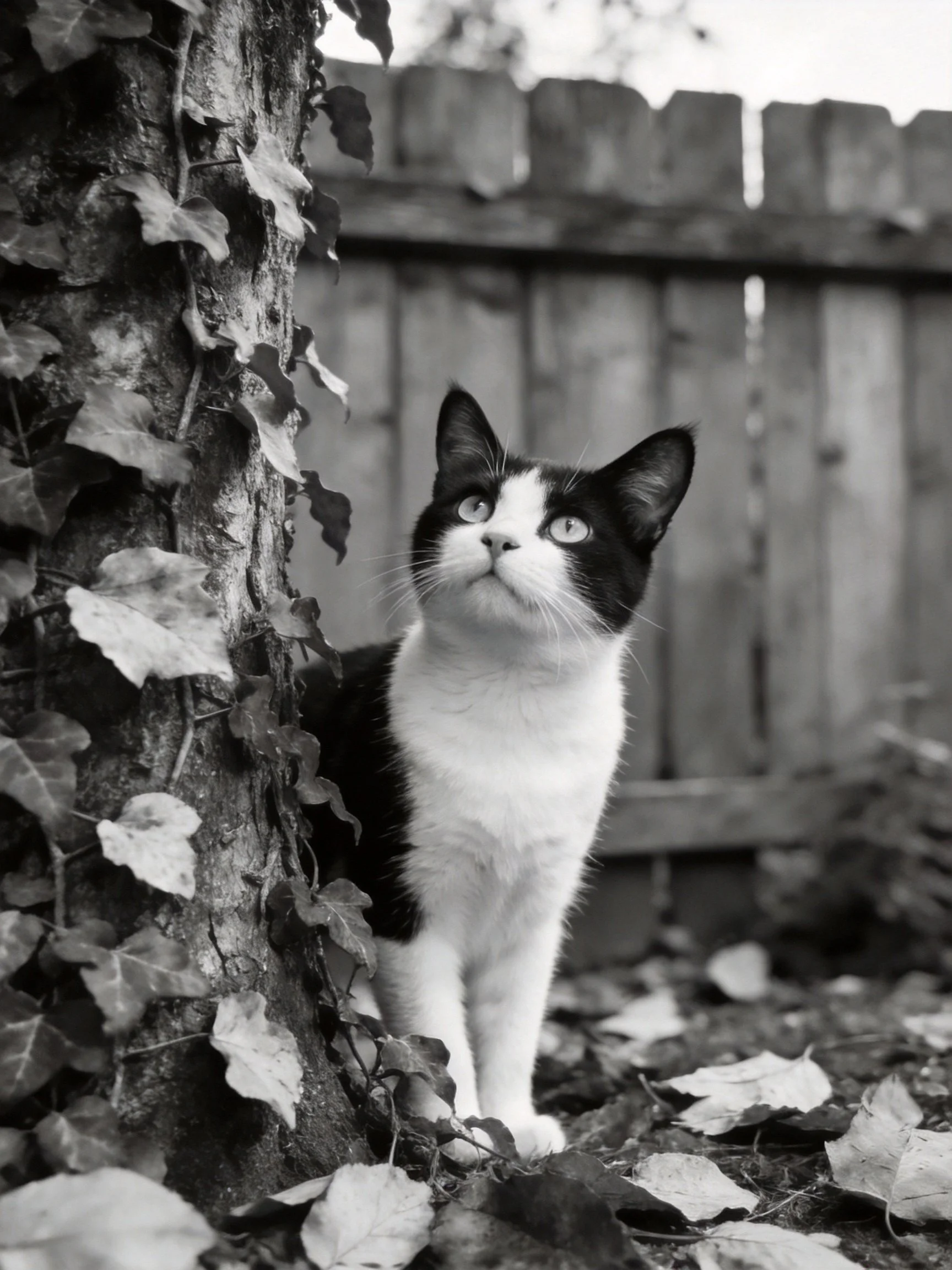A black - and - white cat beside an ivy - covered tree near a wooden fence