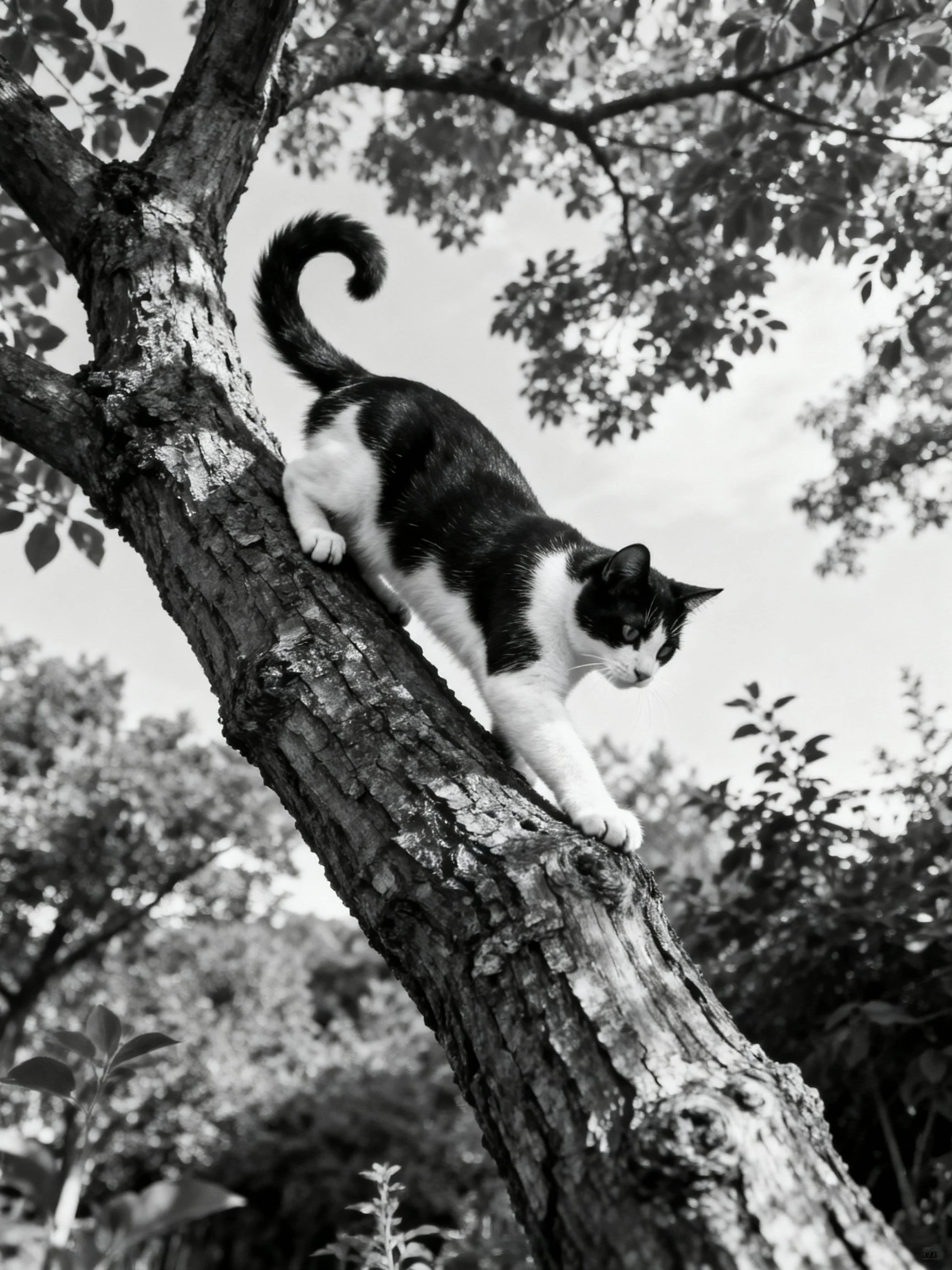 A black and white cat climbing a gnarled tree trunk