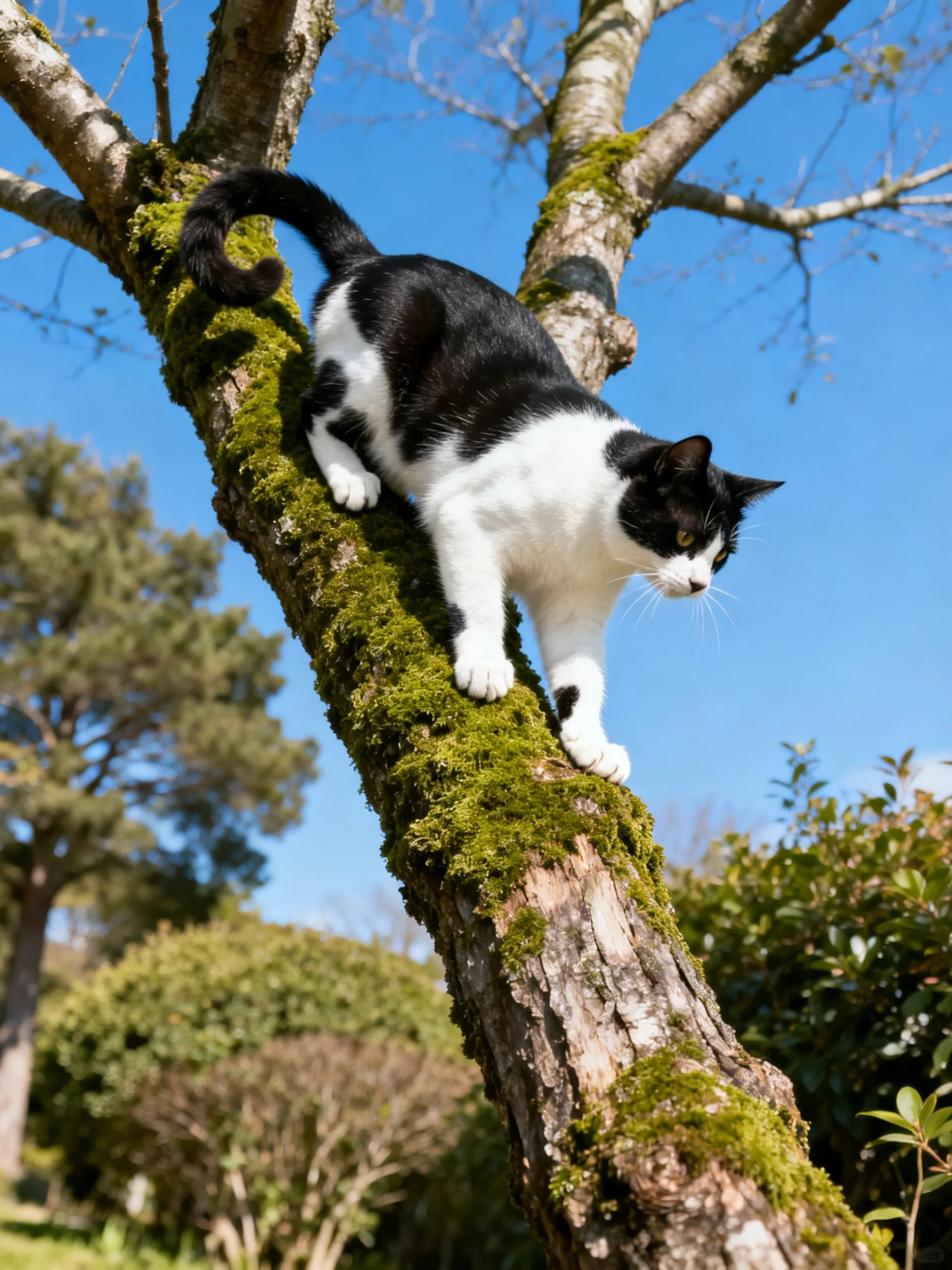 A black and white cat climbing a moss-covered tree trunk