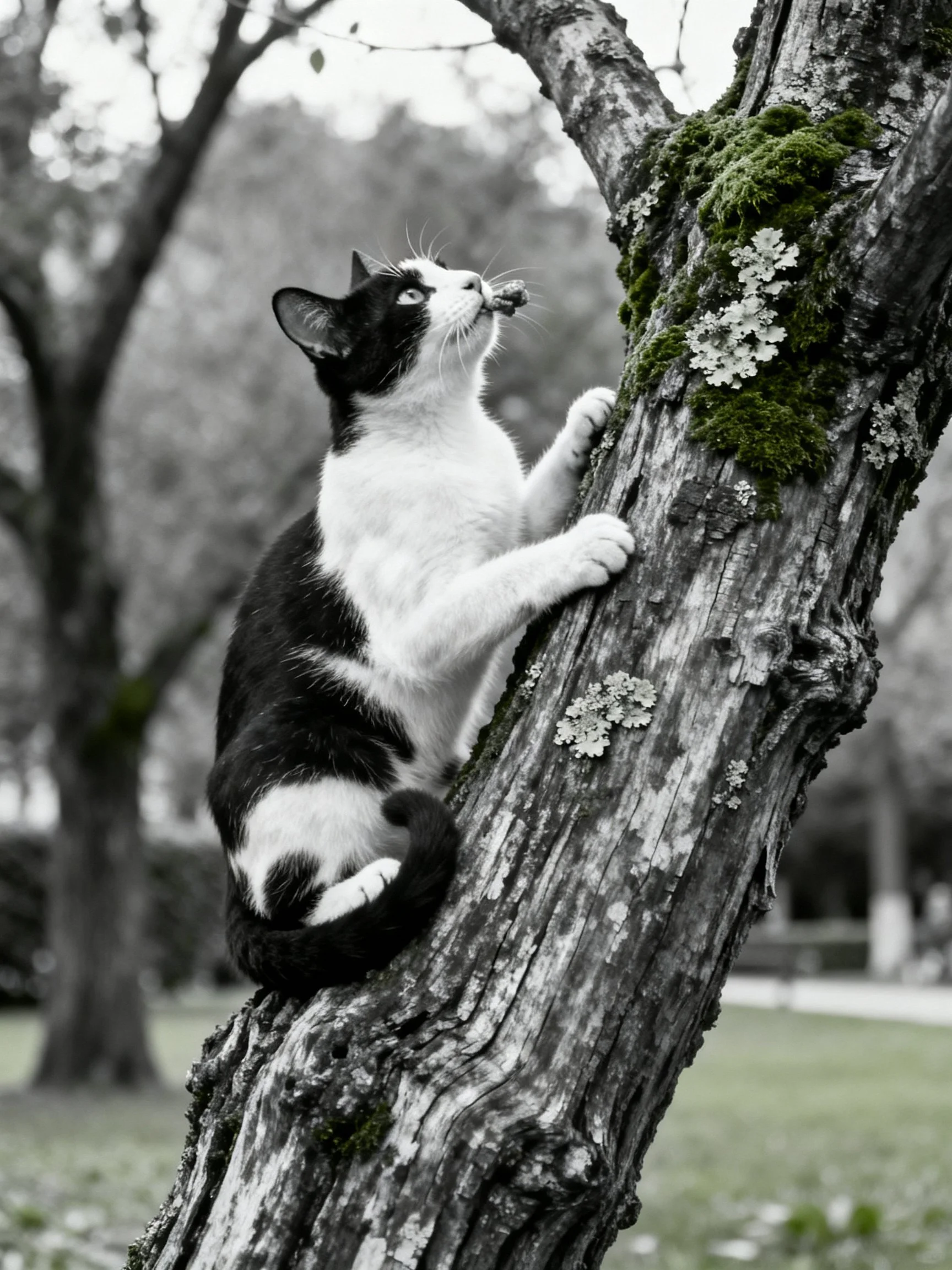 A black - and - white cat climbs a moss - covered tree trunk