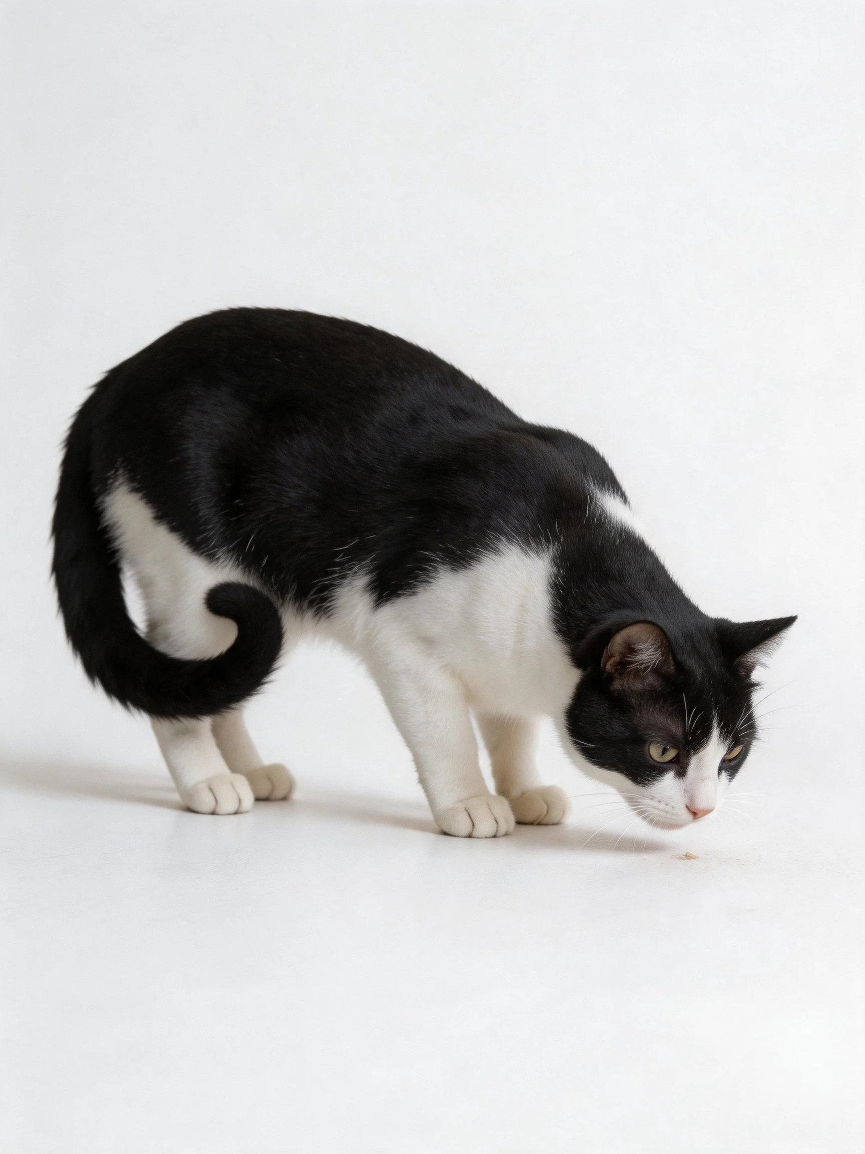 A black and white cat curiously inspects a spot on a plain white surface