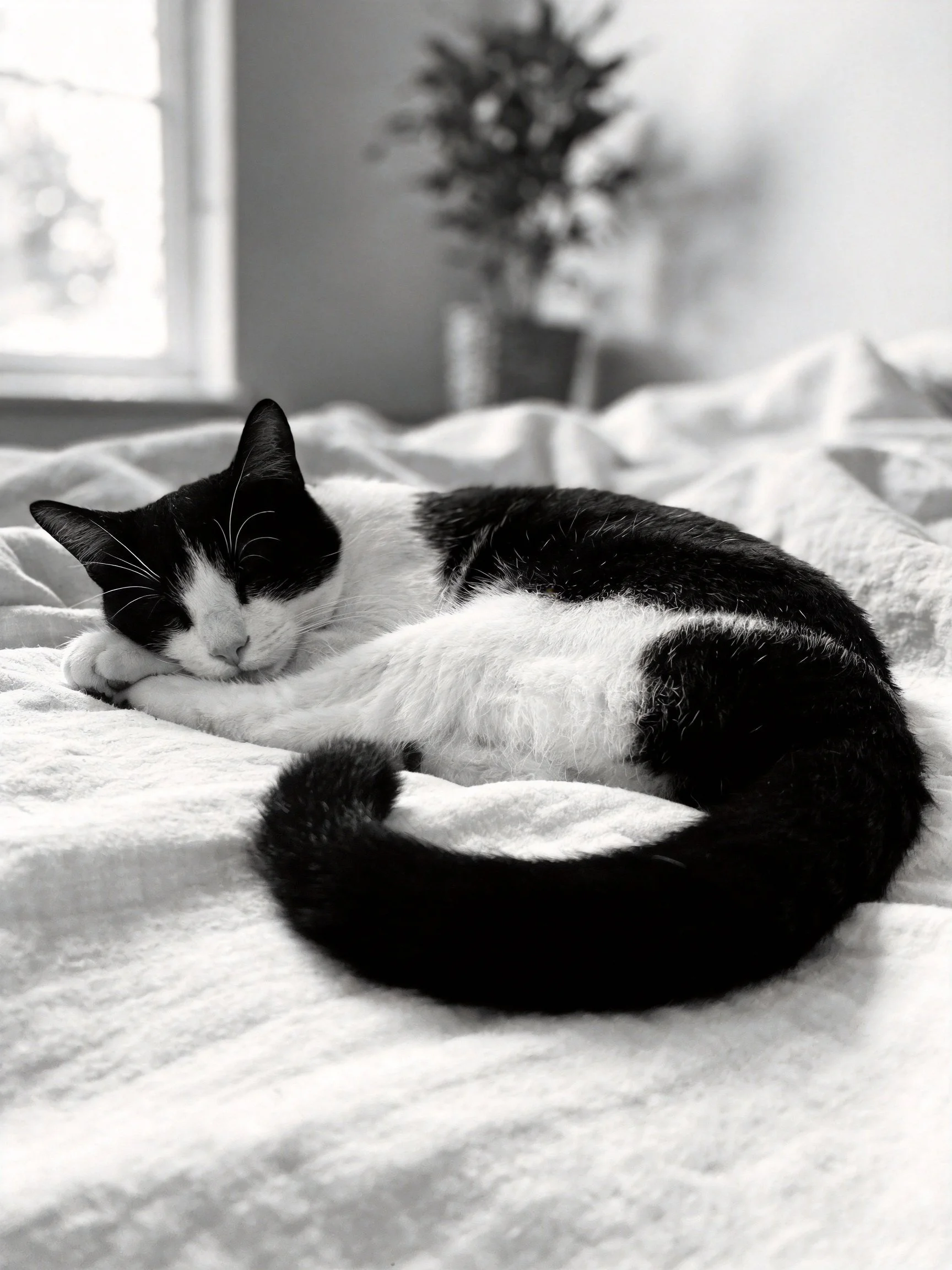 A black - and - white cat curled up asleep on soft bedding