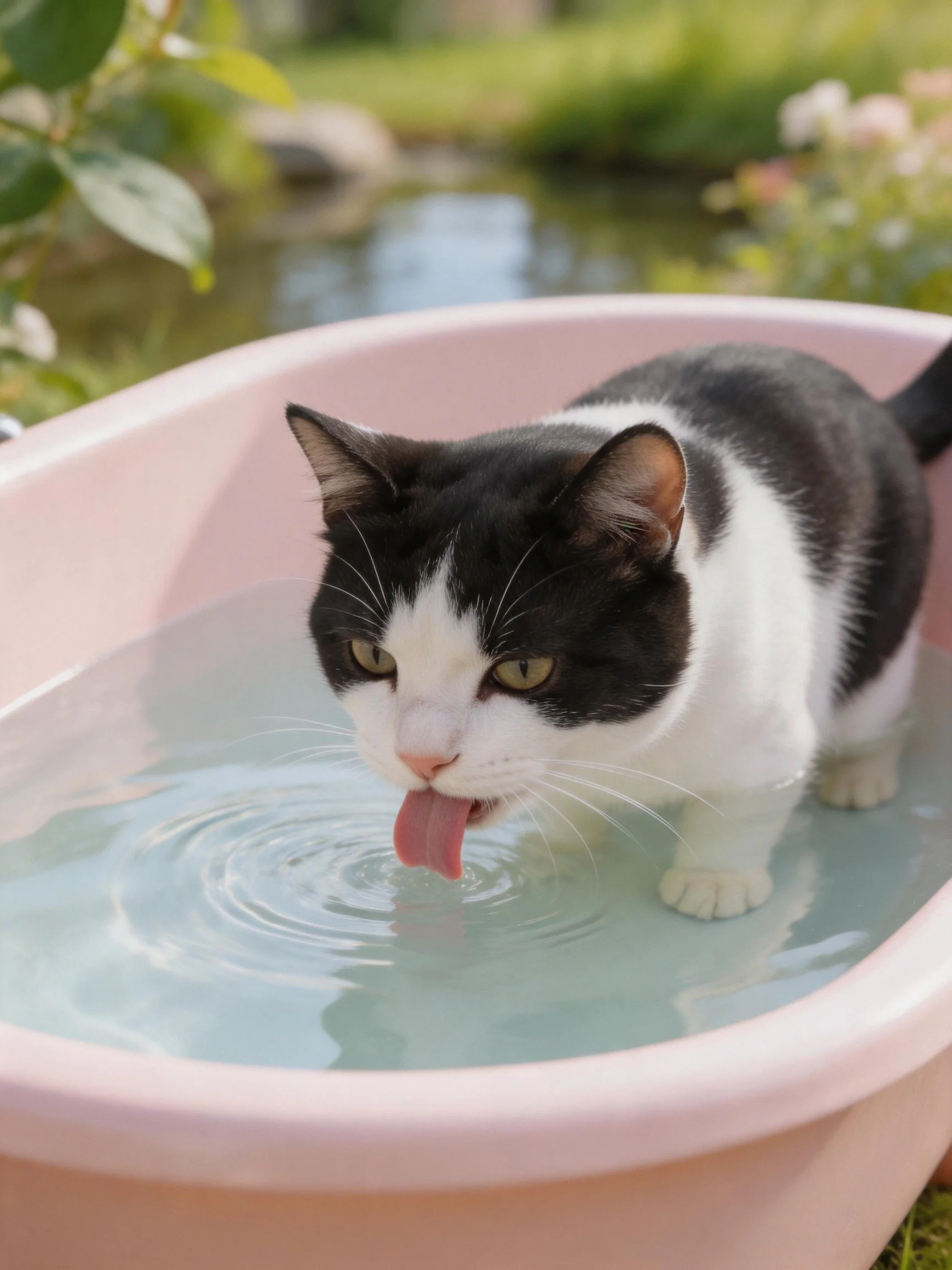A black and white cat drinks from a pink tub of water outdoors