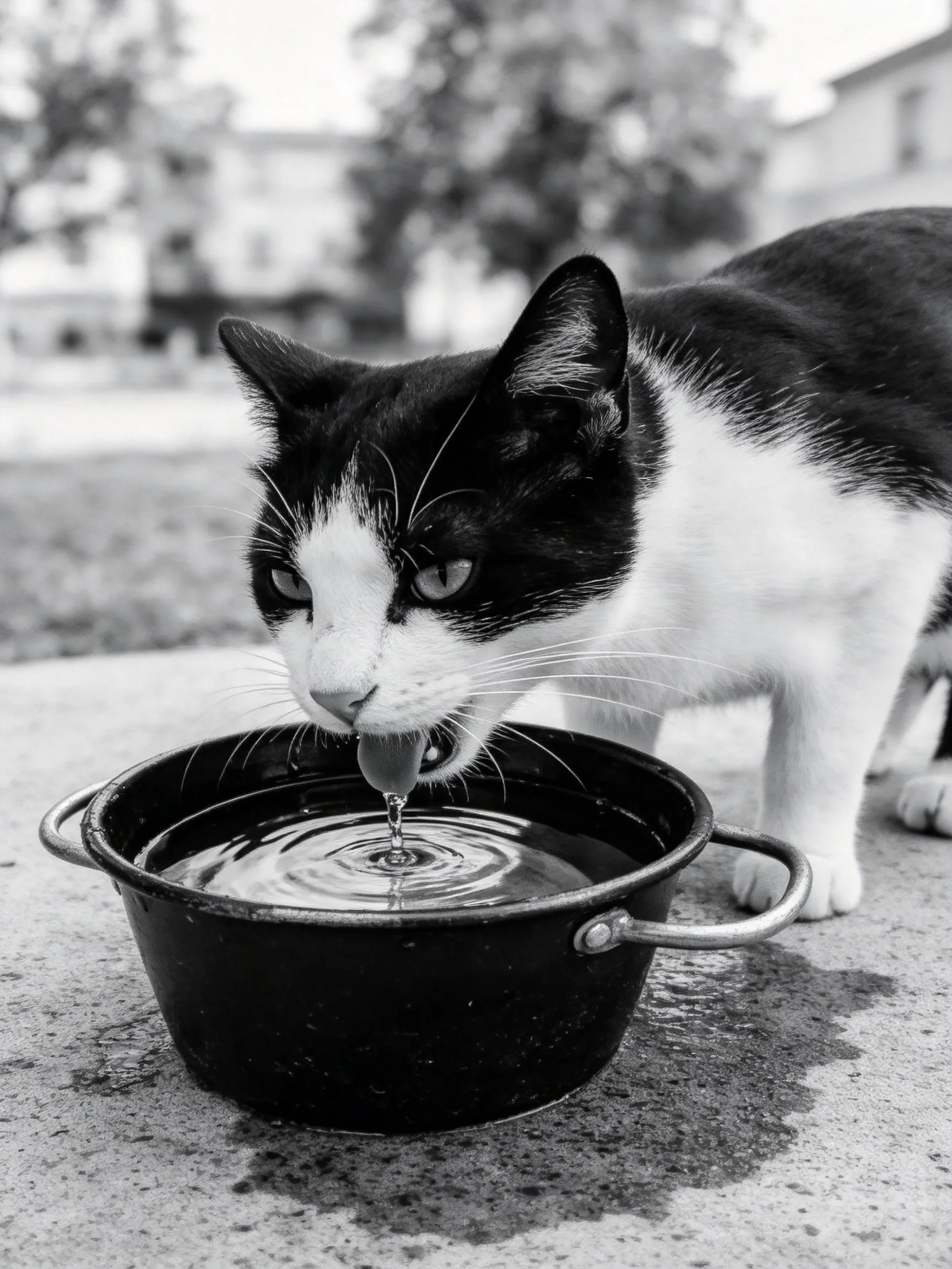 A black and white cat drinks water from an outdoor metal container