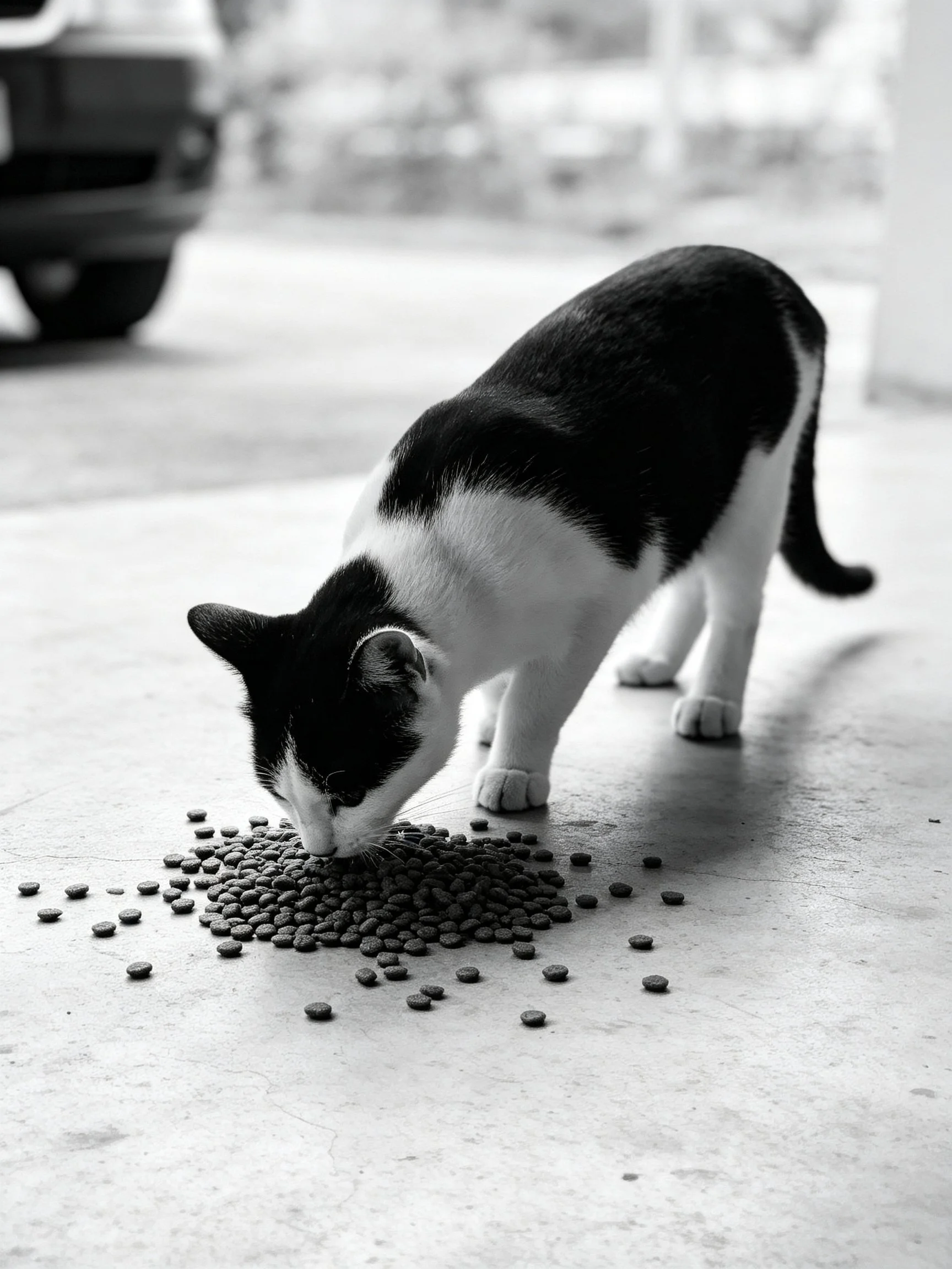 A black - and - white cat eating scattered dry pet food