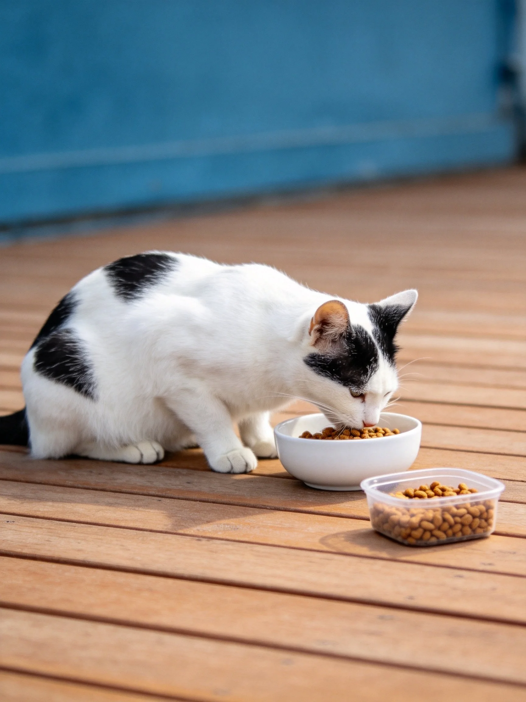 A black - and - white cat eats dry food on a wooden deck
