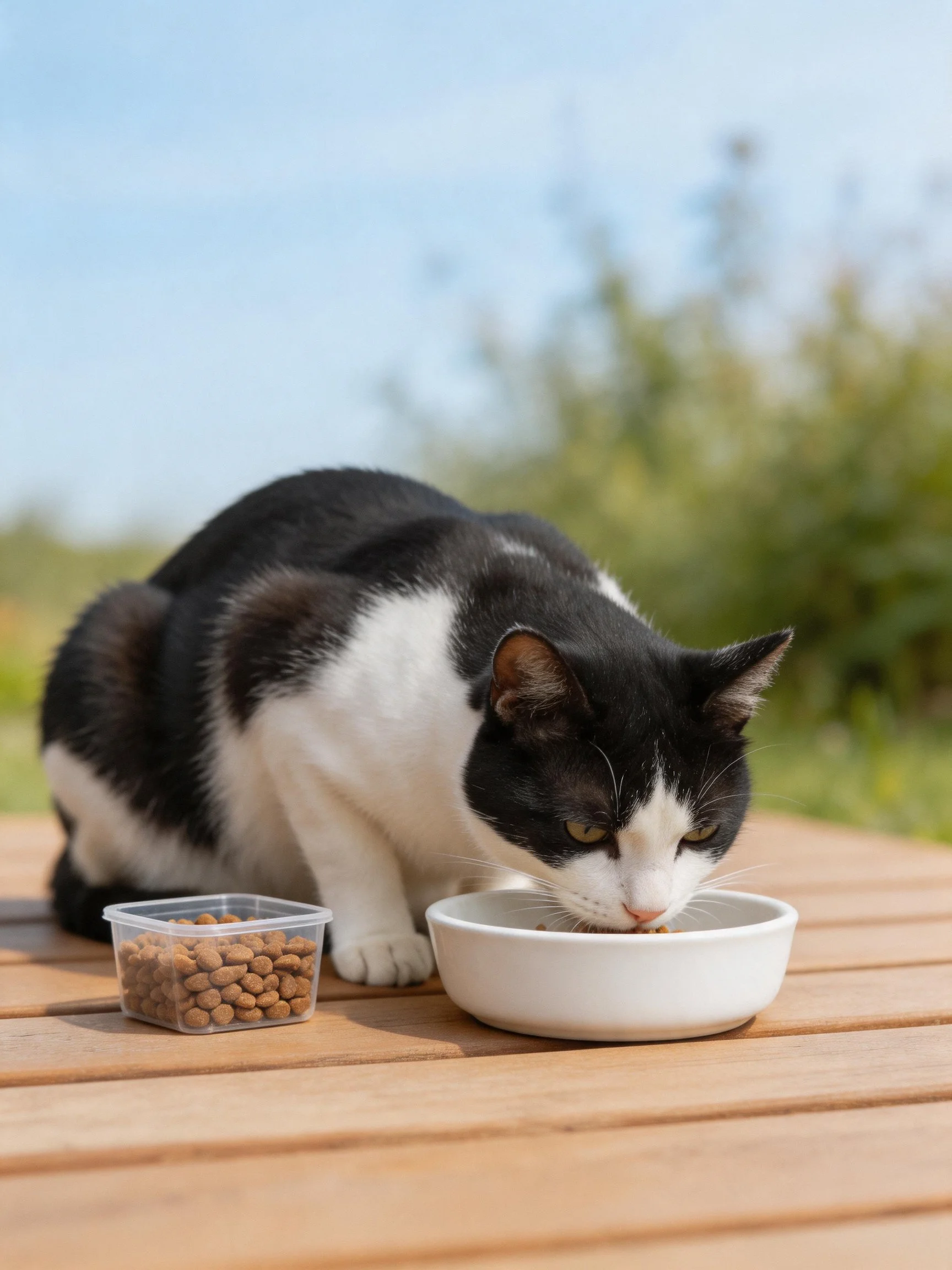 A black and white cat eats from a white bowl near a food container