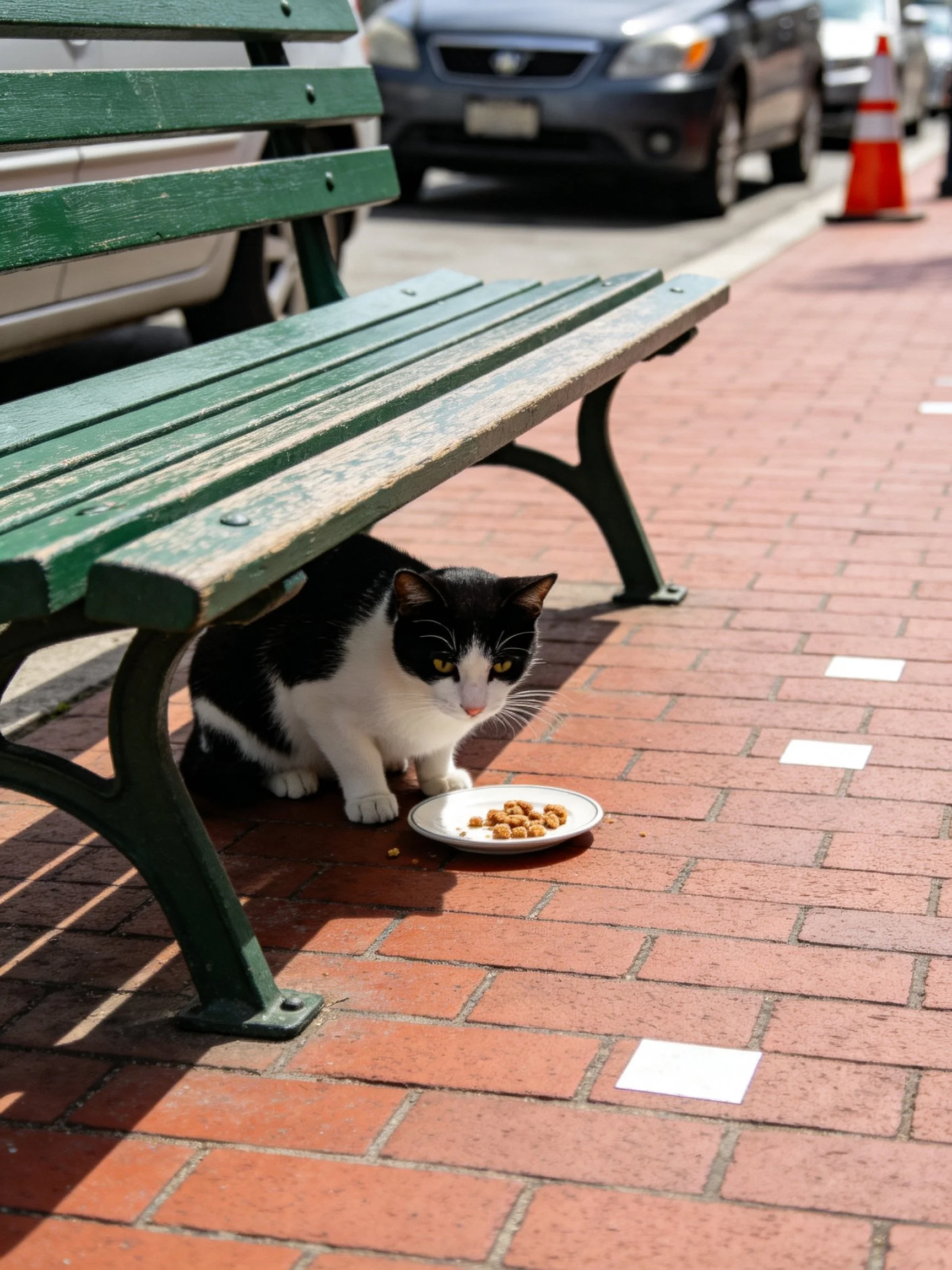 A black and white cat eats near a weathered green bench on a brick sidewalk