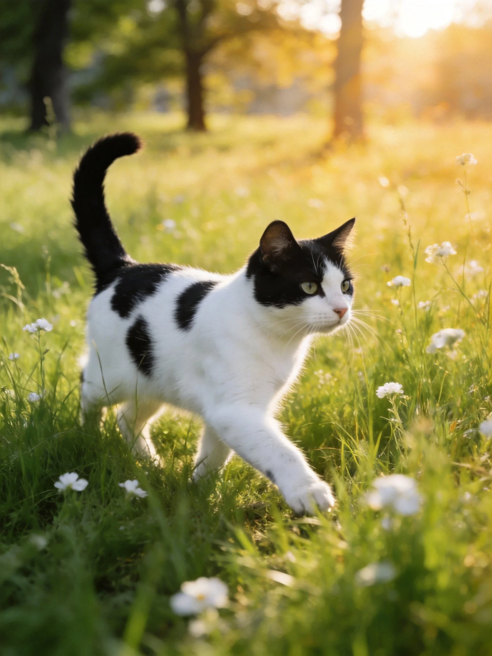 A black - and - white cat explores a sunlit meadow of tall grass