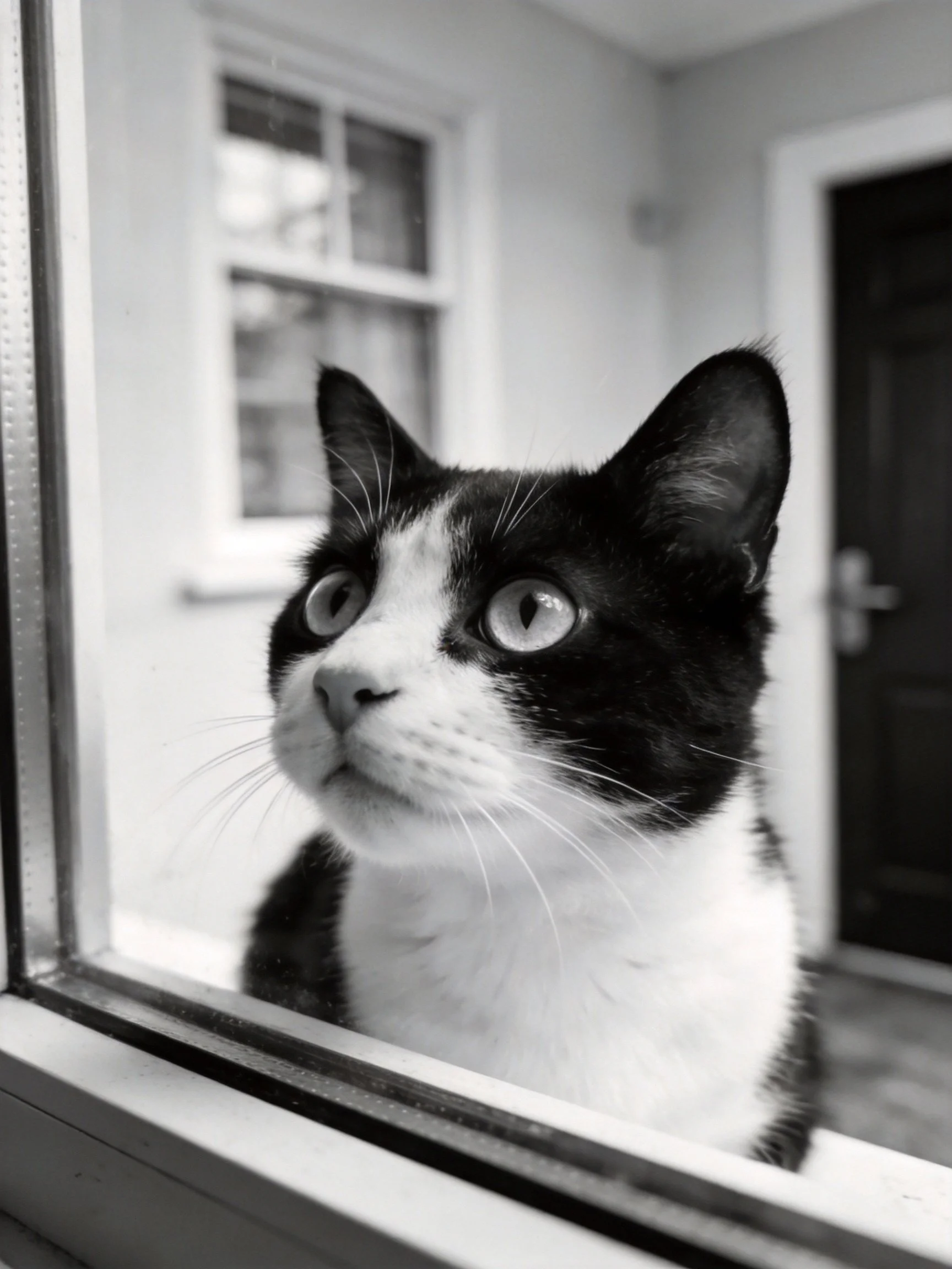 A black - and - white cat gazes out from a window