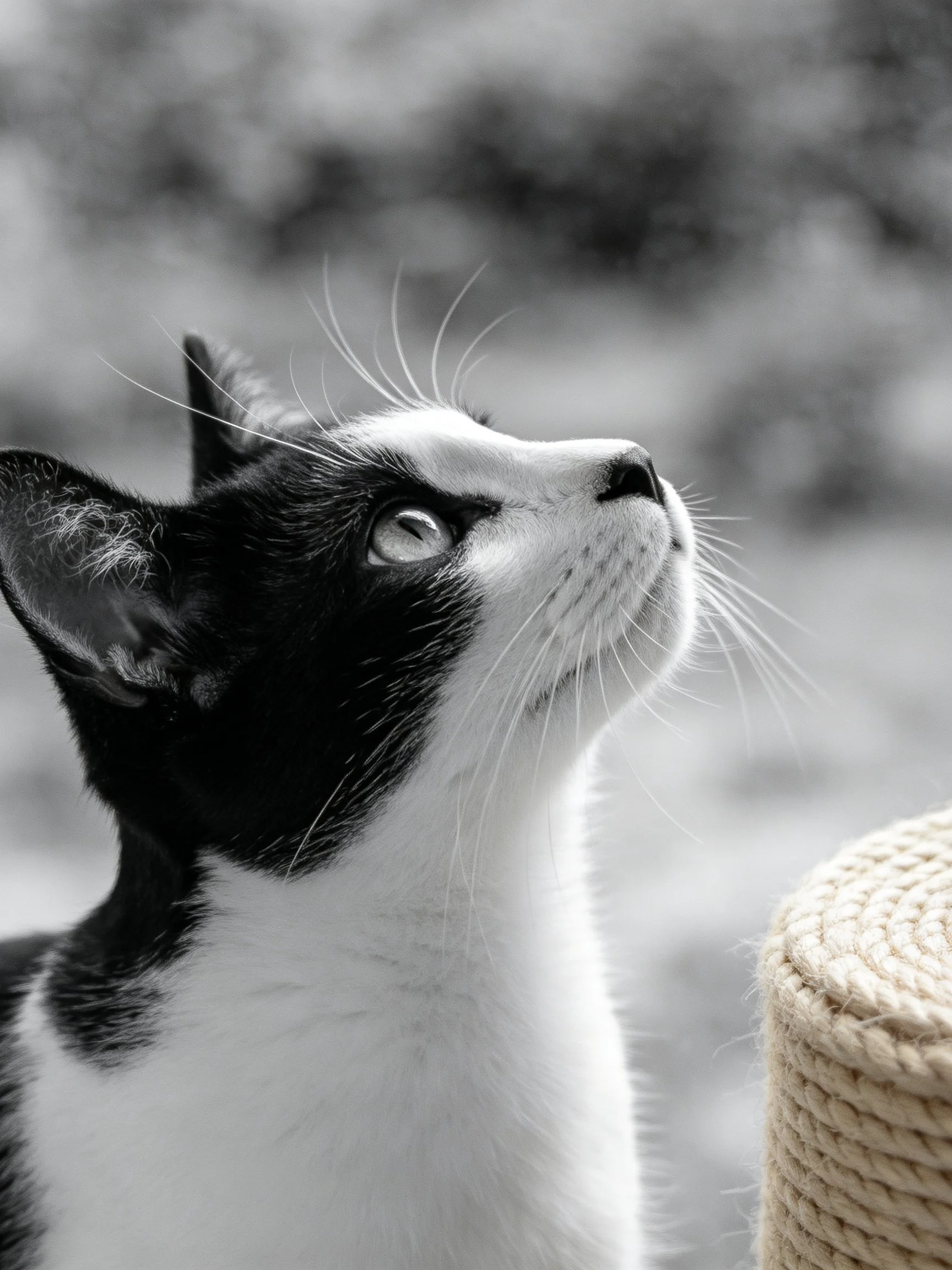 A black - and - white cat gazes upward near a textured rope structure