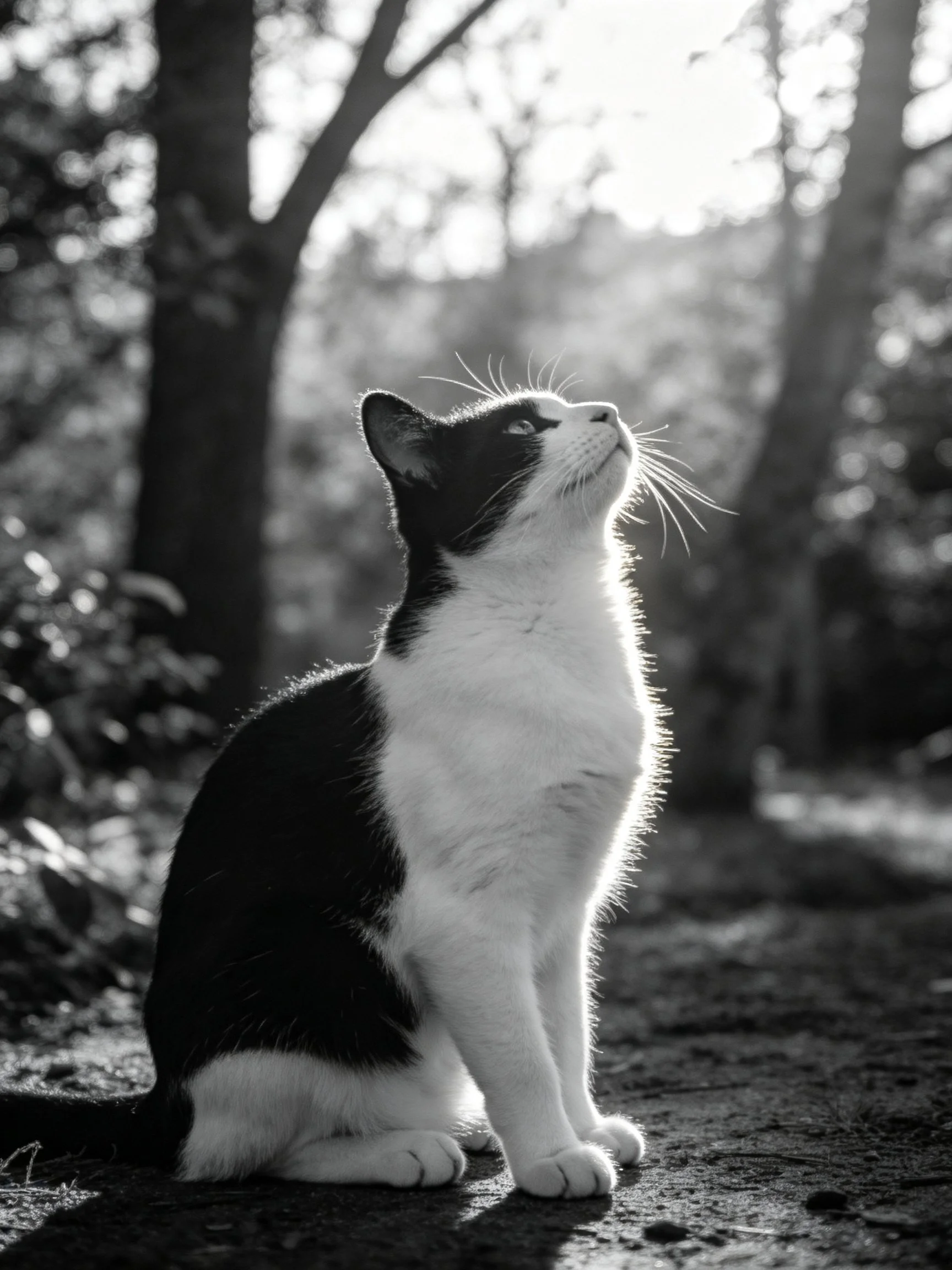 A black - and - white cat gazing upward in a sunlit forest